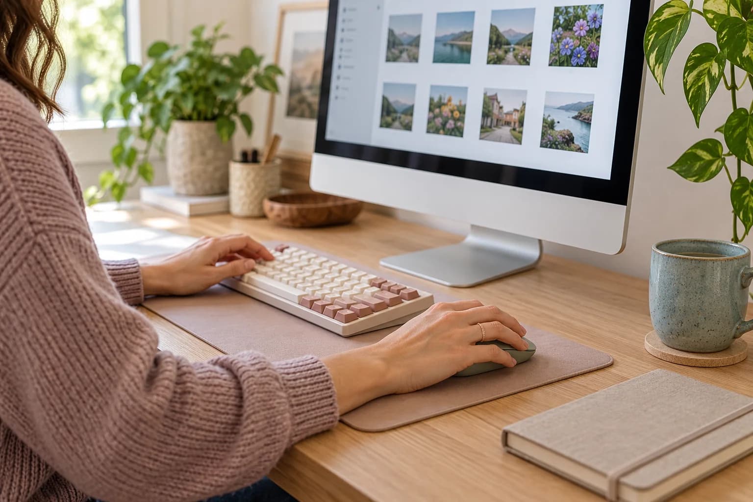 A woman uses a sage mouse beside a cream and rose keyboard, with image thumbnails open on a desktop monitor.