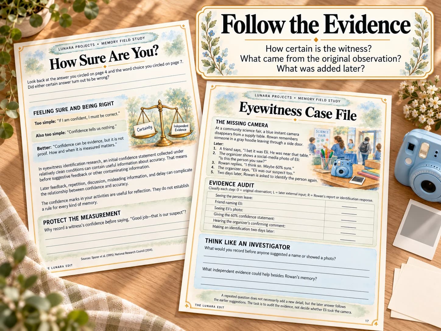 The Eyewitness Case File and Memory Detective Toolkit pages on a pale oak desk beneath a prompt to follow the evidence.