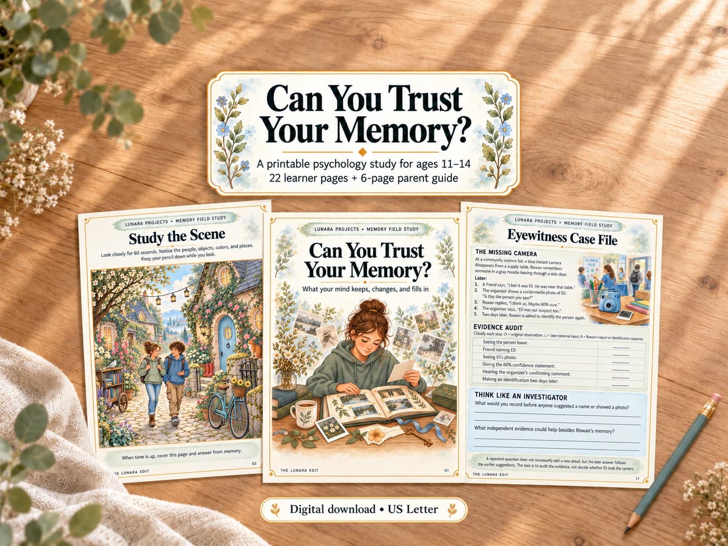 The Can You Trust Your Memory? cover, Study the Scene page, and Eyewitness Case File arranged on pale oak beneath the product title.