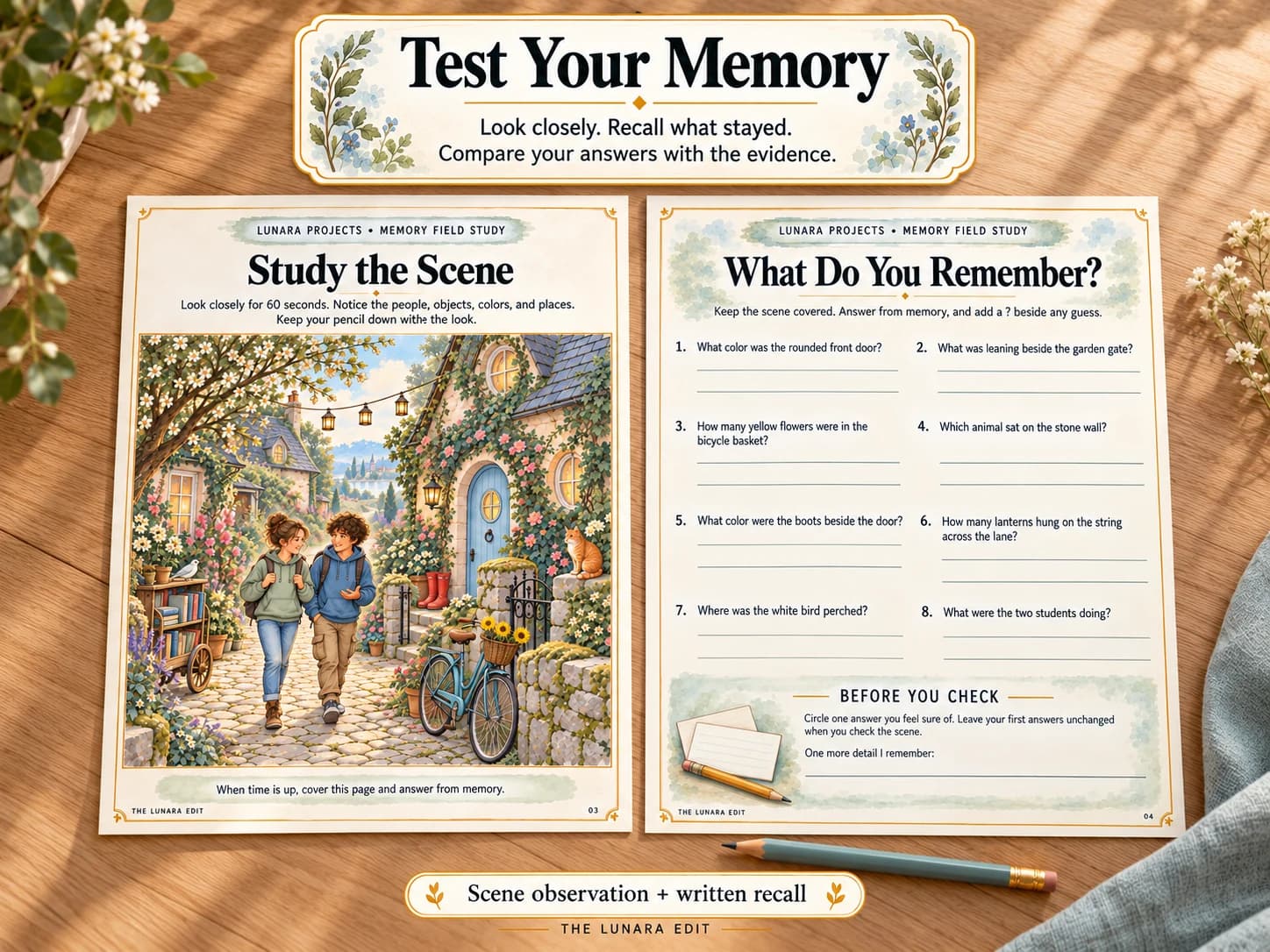 The scene observation and word-list memory challenges printed on US Letter paper on a pale oak desk.
