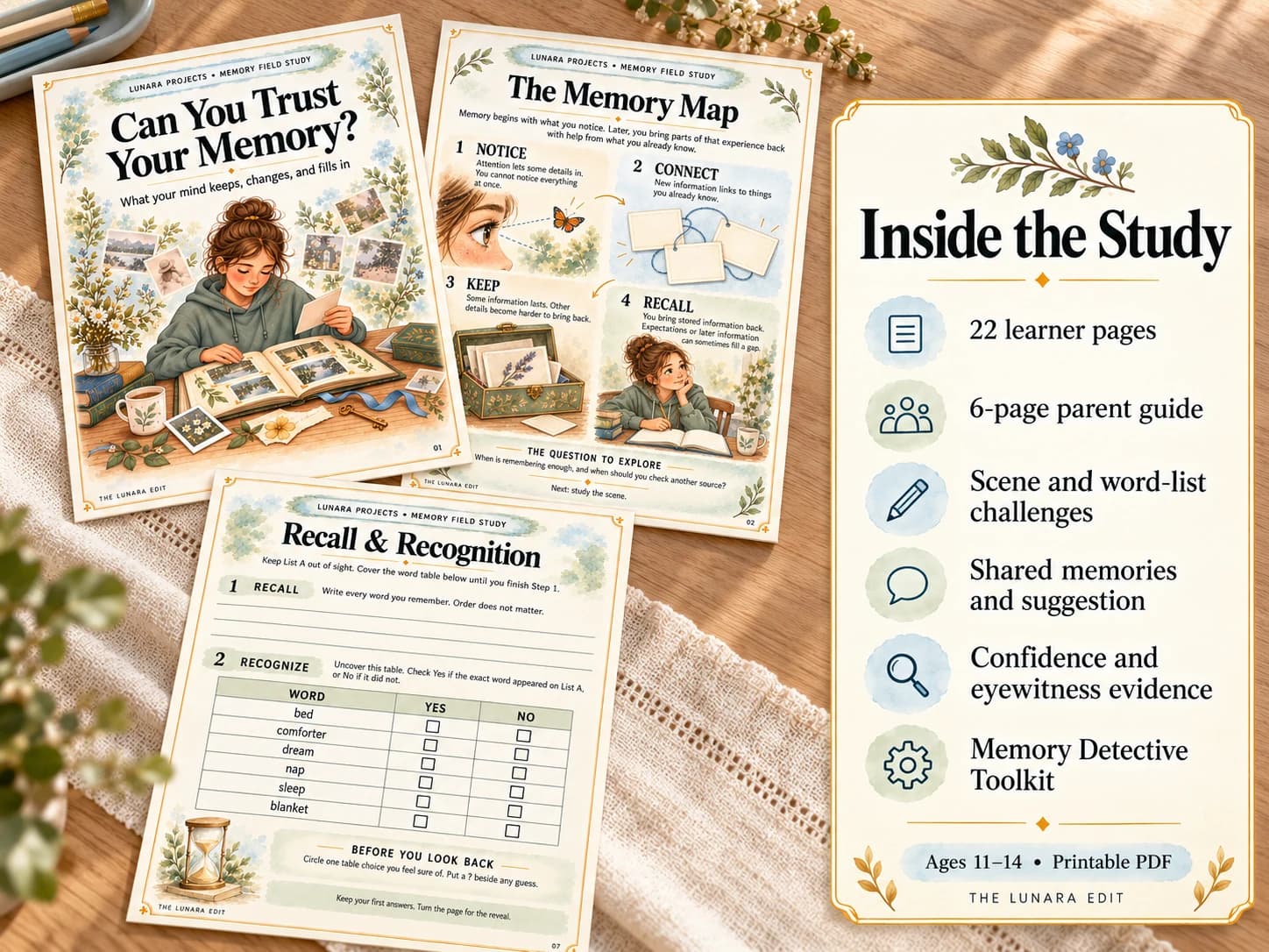 Printed pages from Can You Trust Your Memory? arranged on a light wood table with a clear list of the activities included in the study.