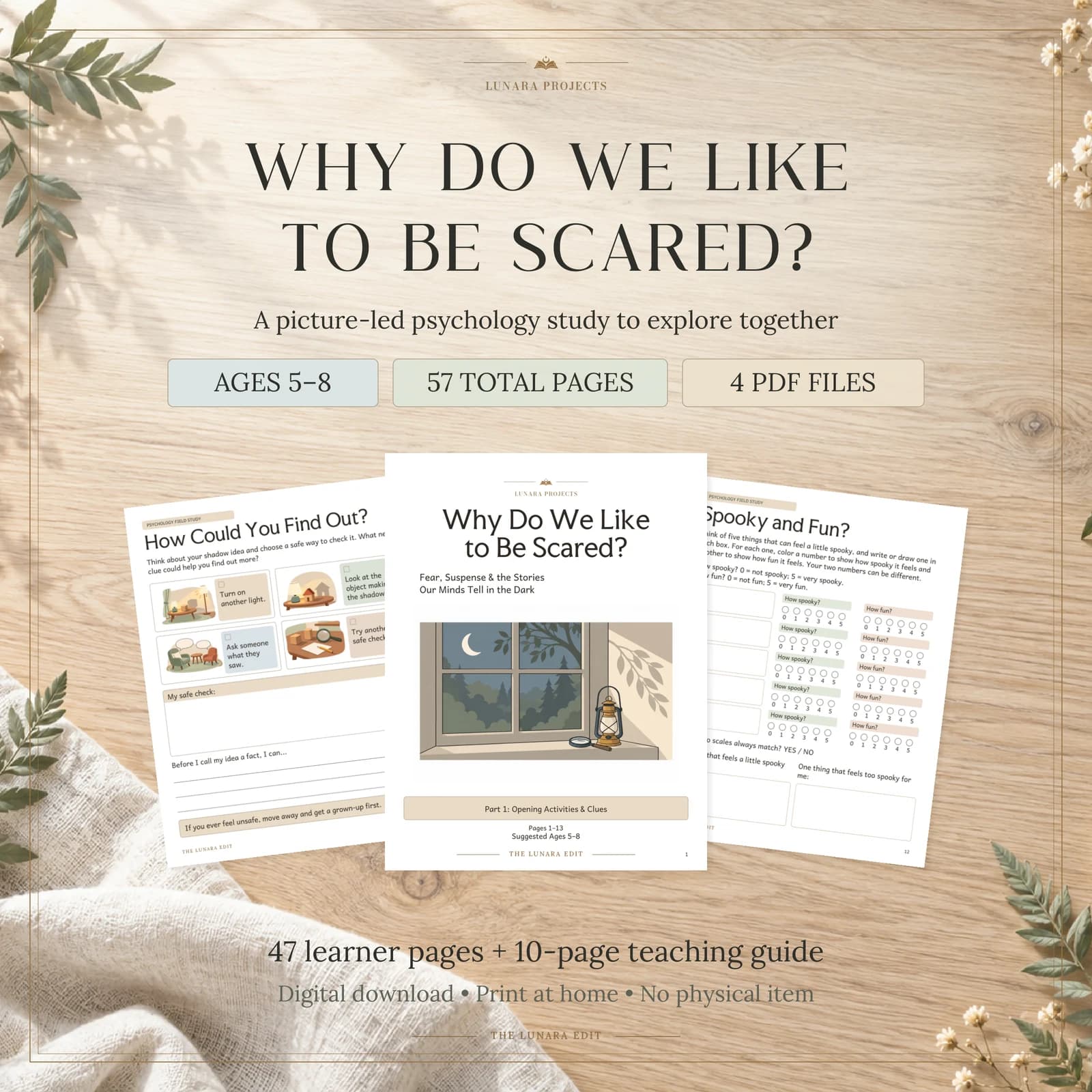 Why Do We Like to Be Scared?, Ages 5–8: genuine cover and sample pages; 57 total pages in four PDFs.