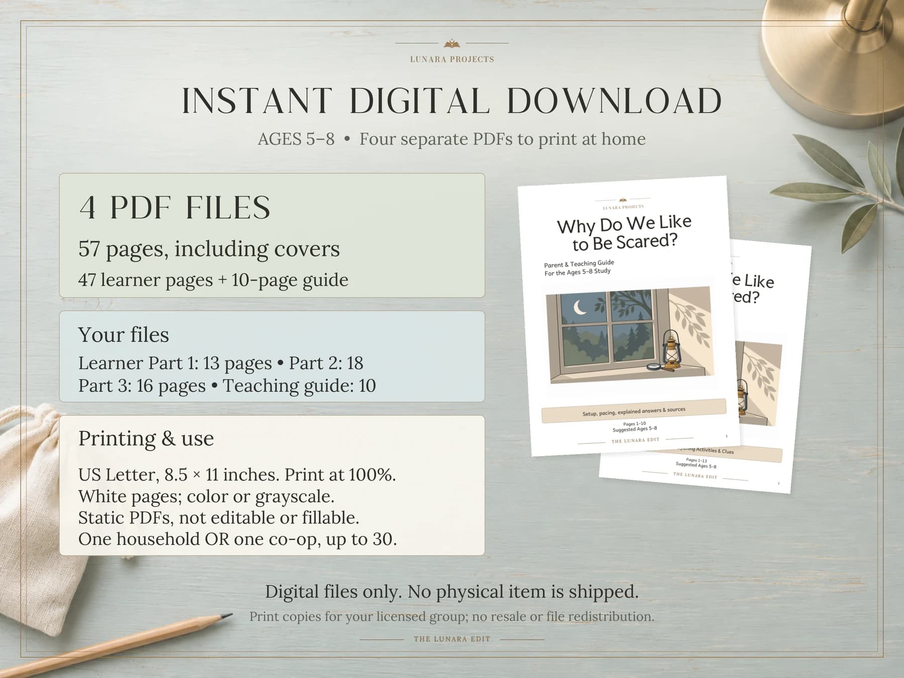Ages 5–8. Three learner PDFs and one guide, US Letter printing and household or co-op use.