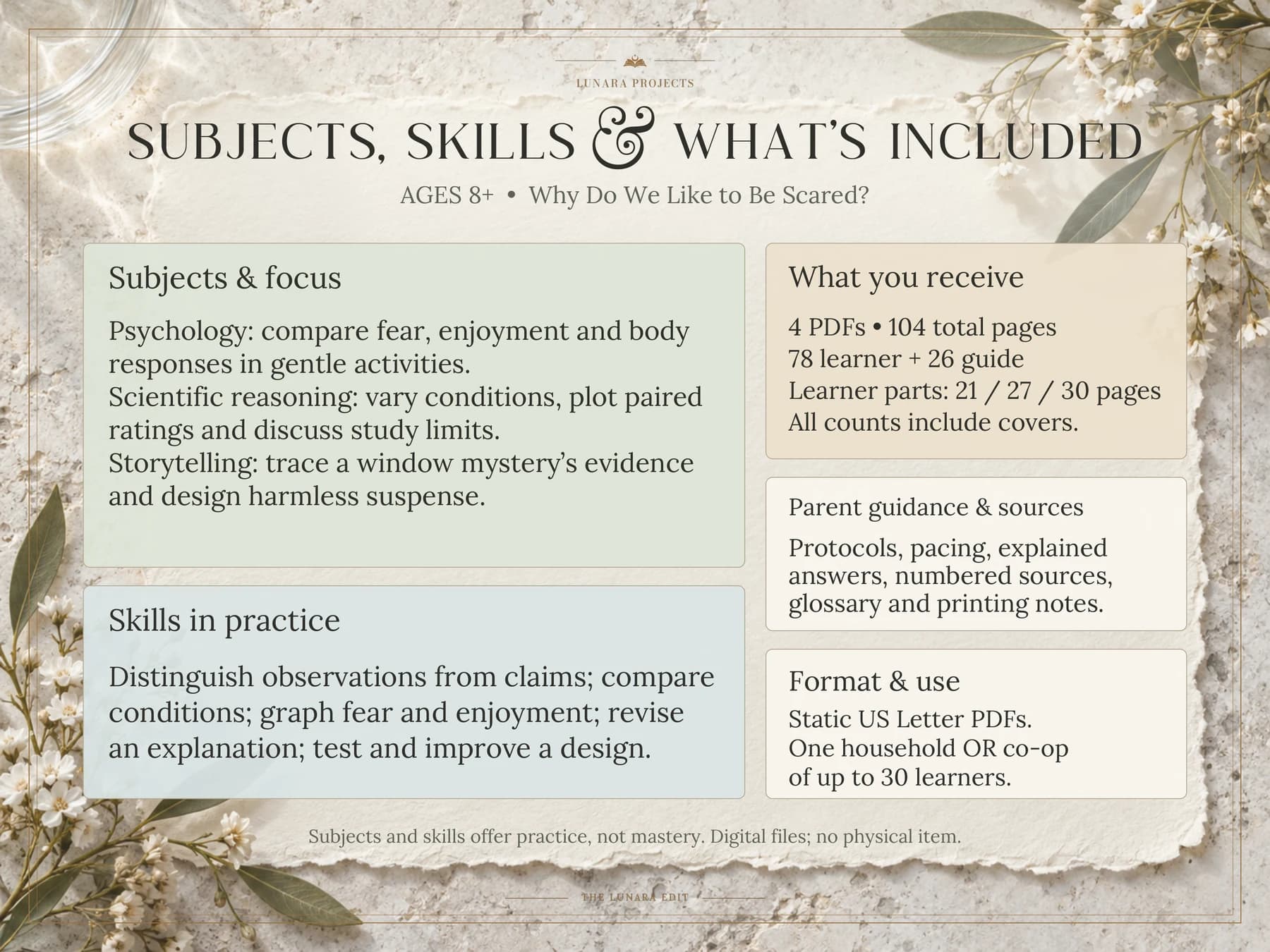 Ages 8+. Subjects, skills, exact contents and the separate teaching guide.