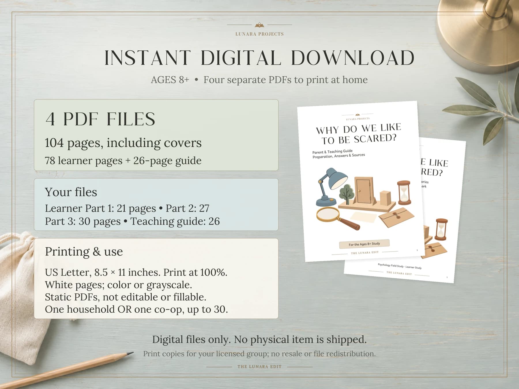 Ages 8+. Three learner PDFs and one guide, US Letter printing and household or co-op use.