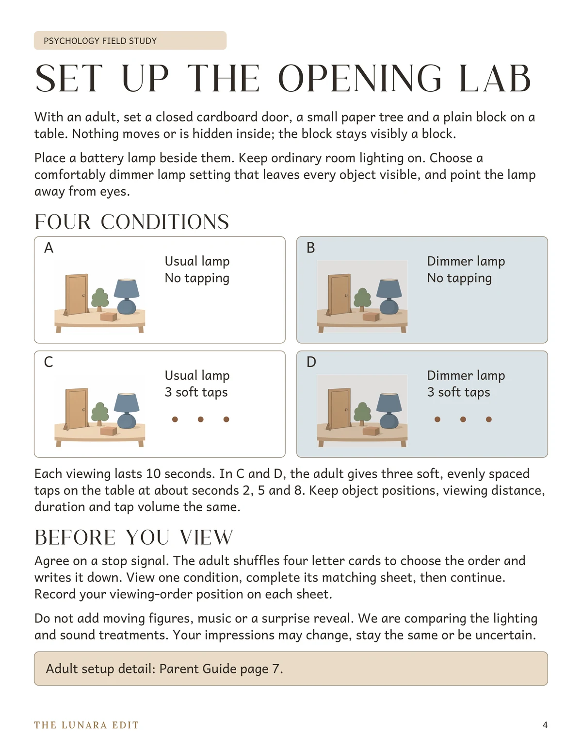 Opening Lab, learner page 4 in the ages 8+ edition, with four illustrated conditions to compare.