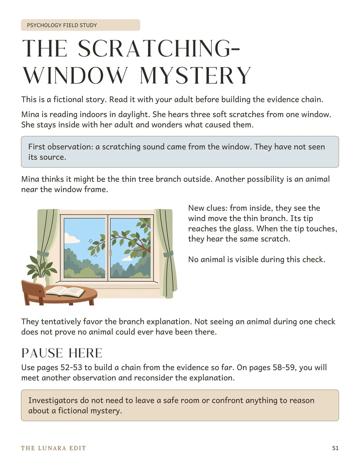 Learner page 51: follow a fictional scene, then consider which explanation the clues support.
