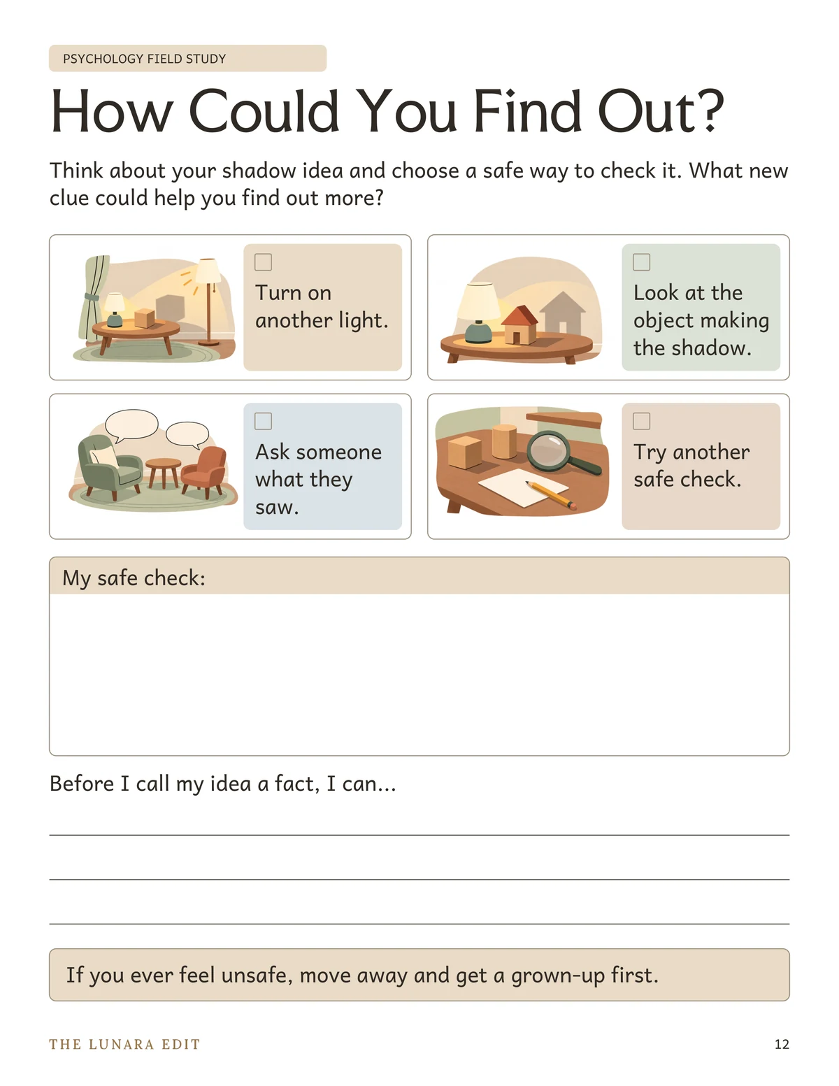 Part 1, page 12: picture-supported choices help children choose a safe way to check an idea.