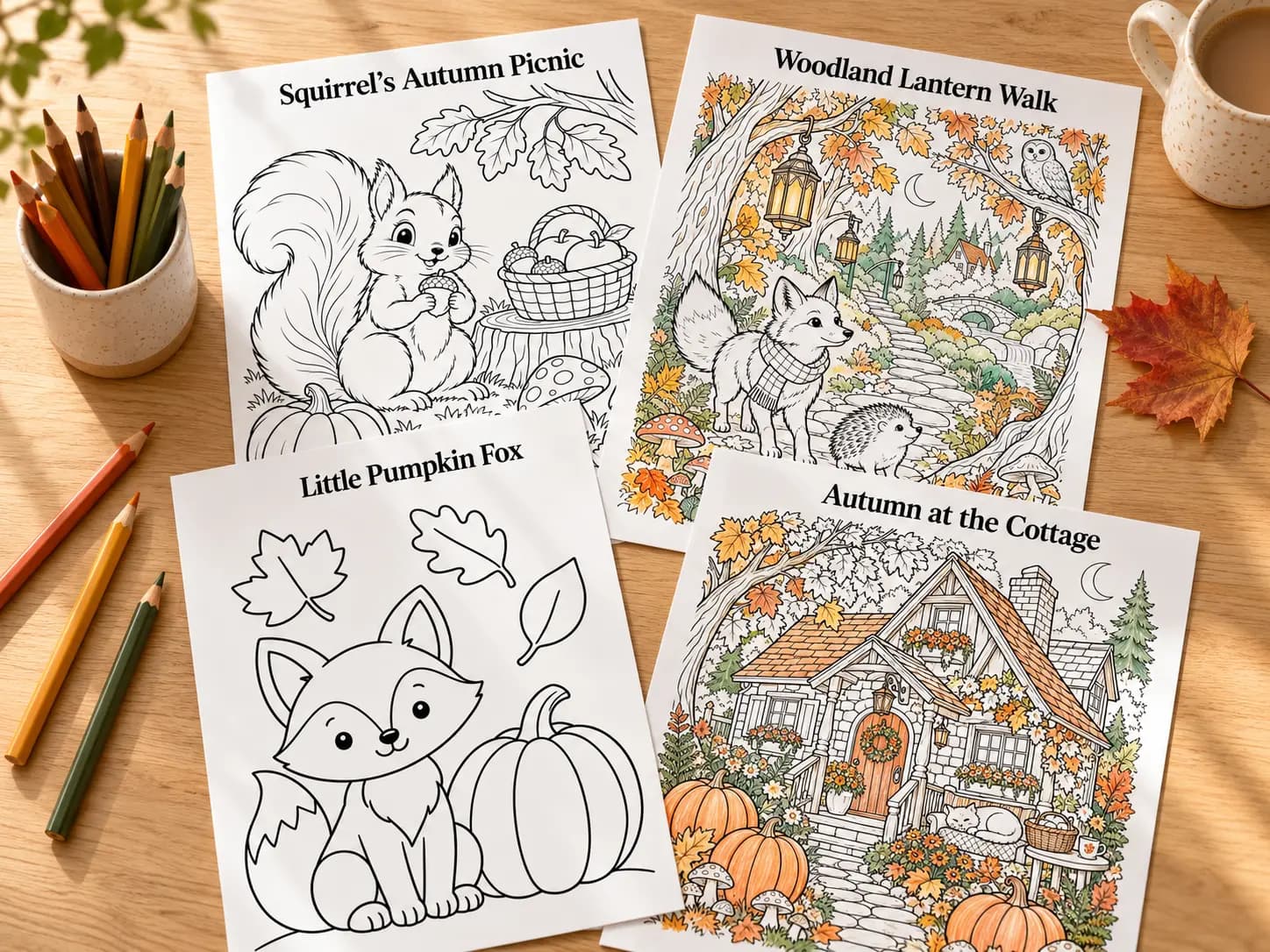 Four free fall coloring pages arranged on a pale oak table: a fox and pumpkin, a squirrel picnic, a woodland lantern walk, and an autumn cottage.