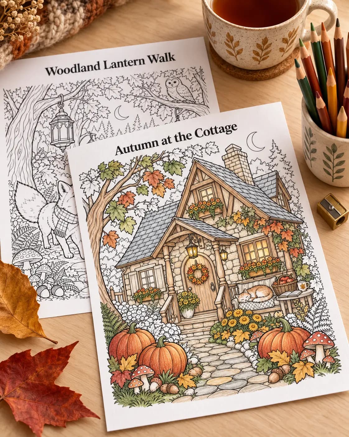 The detailed Autumn at the Cottage page partly colored in muted autumn shades, with the Woodland Lantern Walk page beneath it.