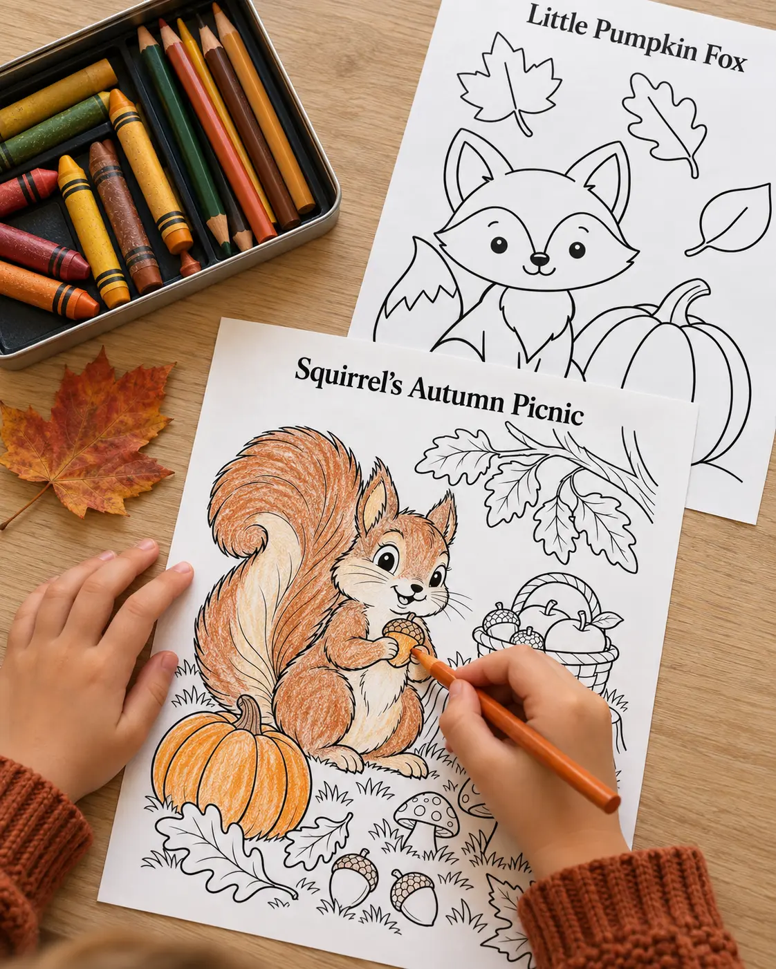 A child colors the Squirrel’s Autumn Picnic page beside the simpler Little Pumpkin Fox coloring sheet and a tin of autumn-colored crayons.