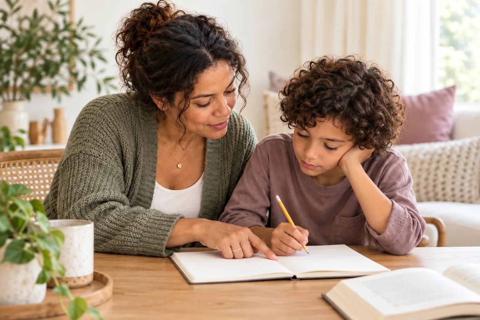 A mother in a sage cardigan points to an open notebook while her curly-haired child begins writing.