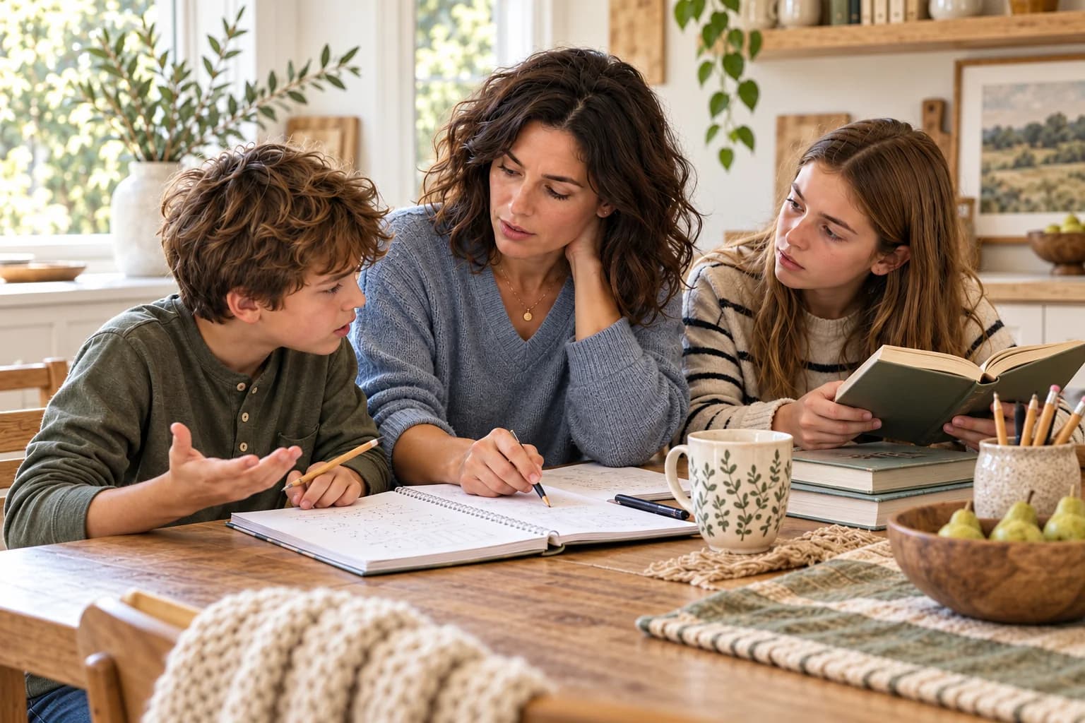 A mother helps a child with an open notebook while an older child waits beside her holding a book.