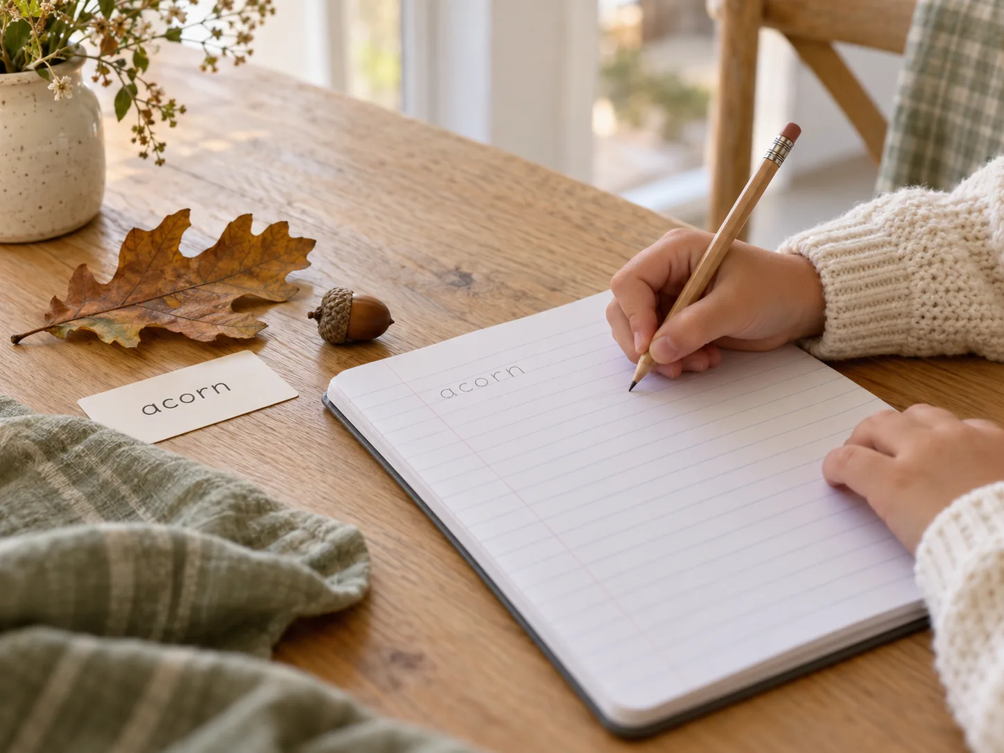A child copies the word acorn into a lined notebook beside a reference card, oak leaf, and acorn.