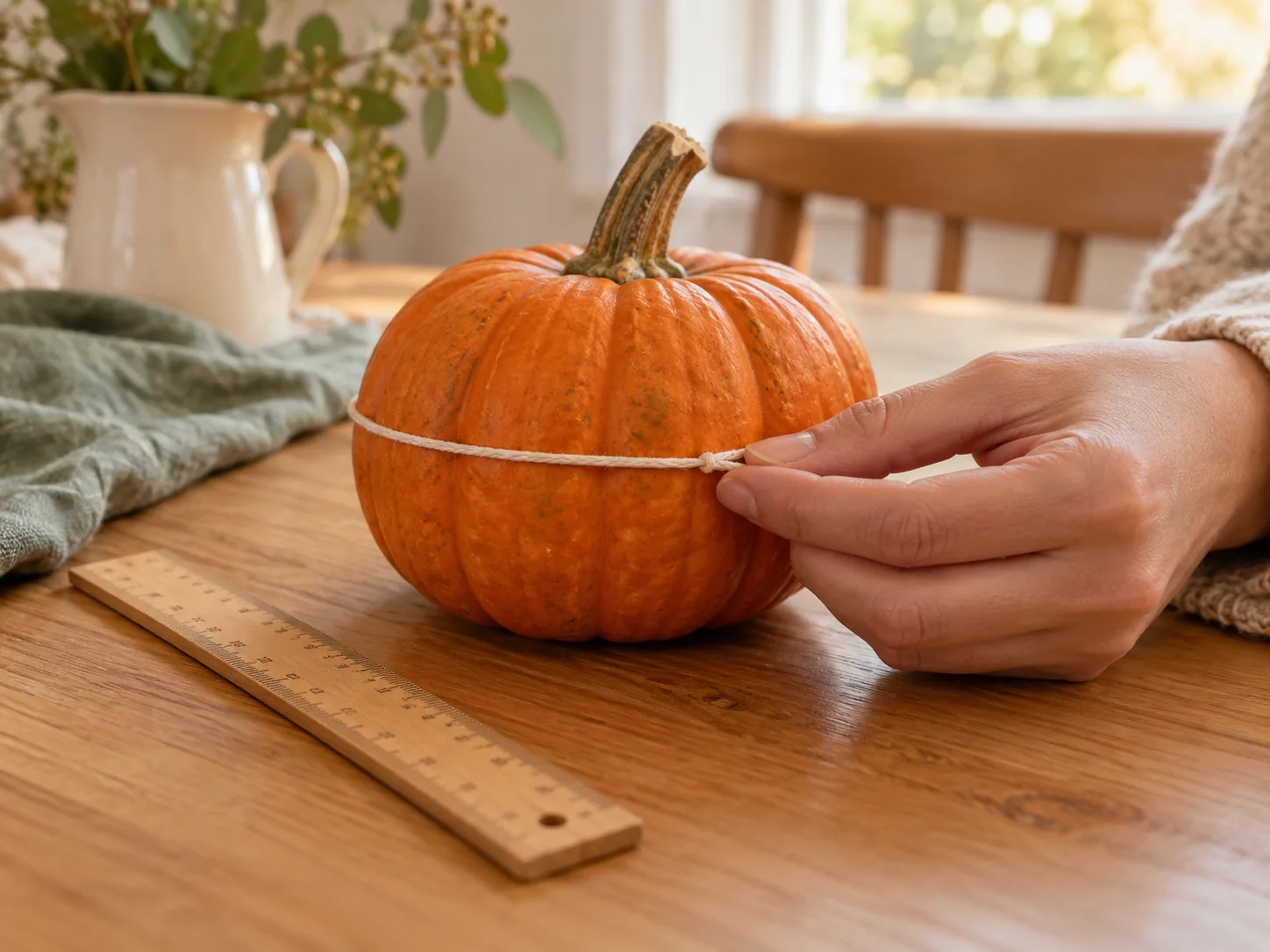 A length of string wraps around the widest part of a pumpkin, with a ruler beside it.