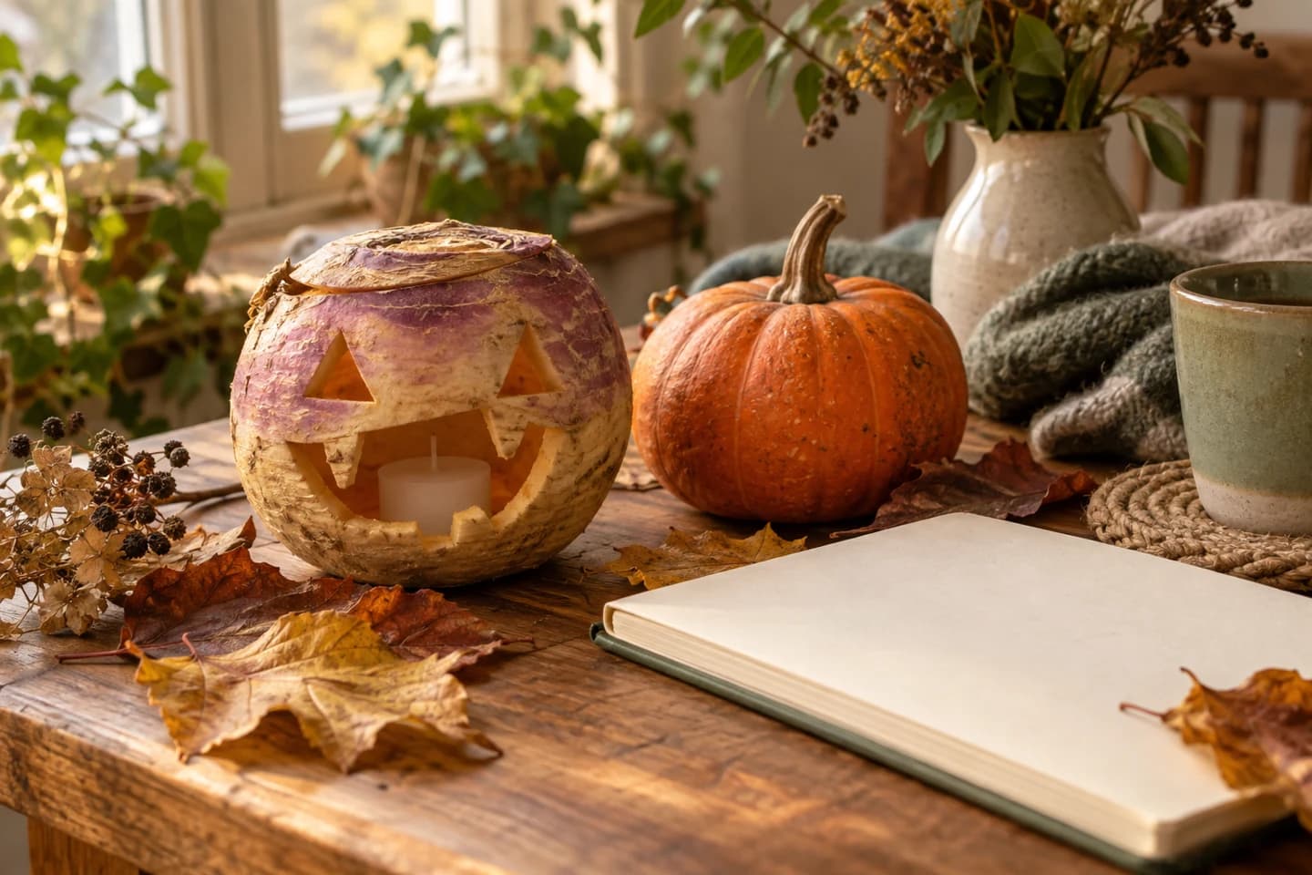 A contemporary carved turnip lantern, pumpkin, autumn leaves, and blank notebook on a wooden table.