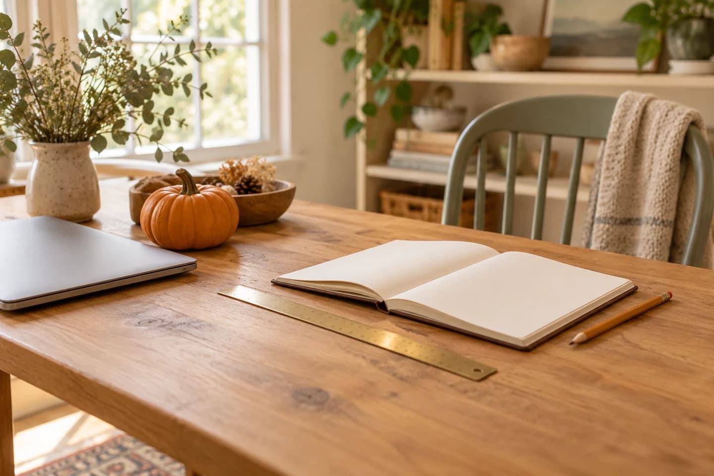 A closed laptop beside a pumpkin, ruler, blank notebook, and pencil on a homeschool table.