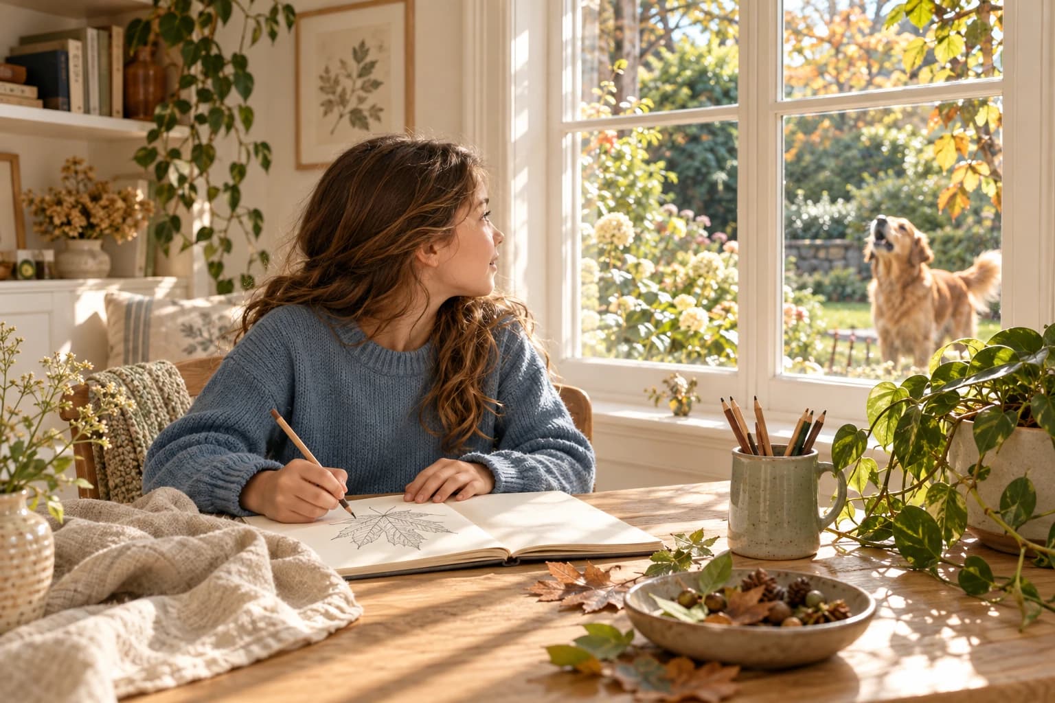 A child drawing a leaf turns toward a barking dog outside the window.
