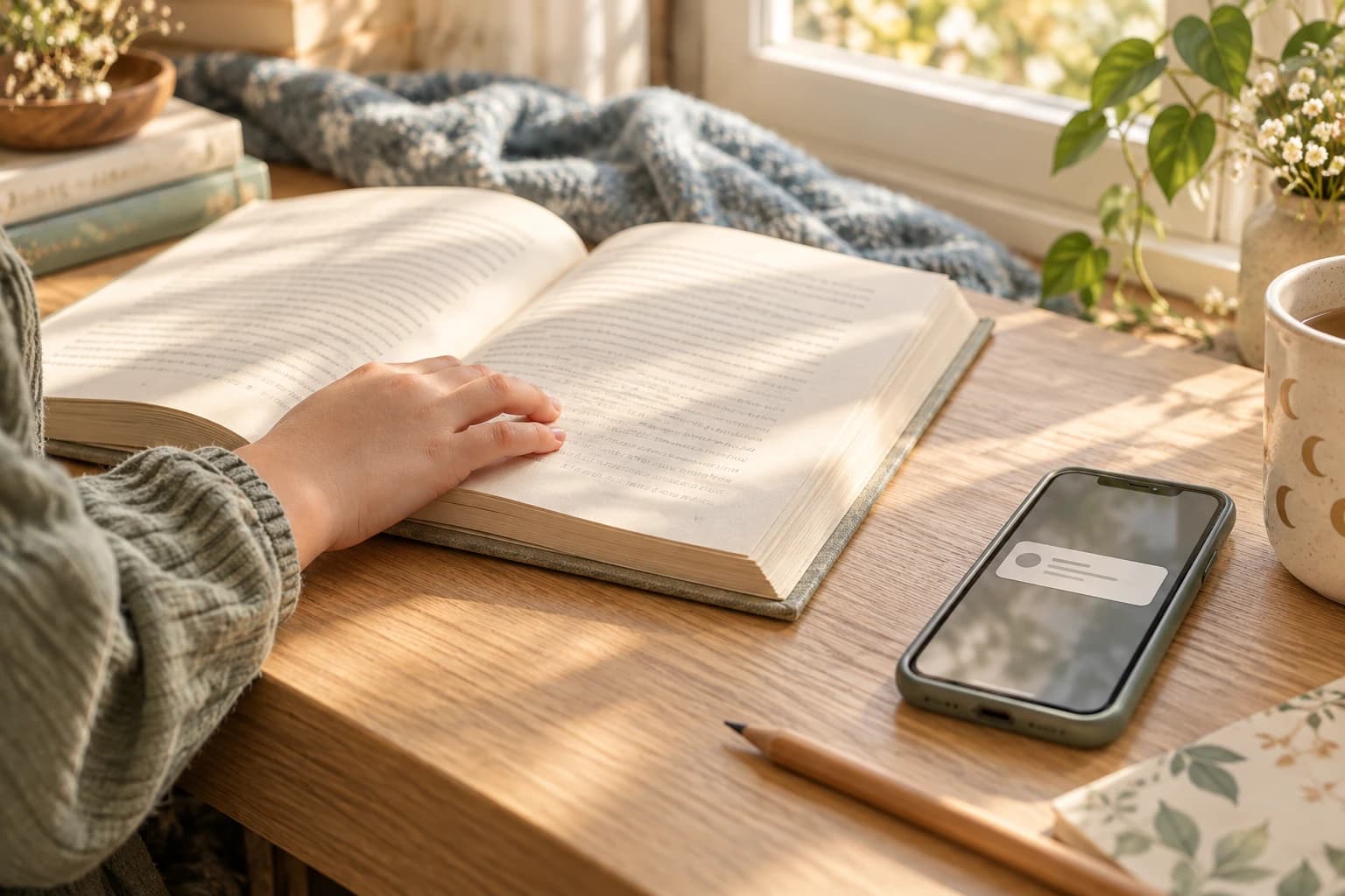 A child keeps their hand on an open book beside a phone showing one notification.