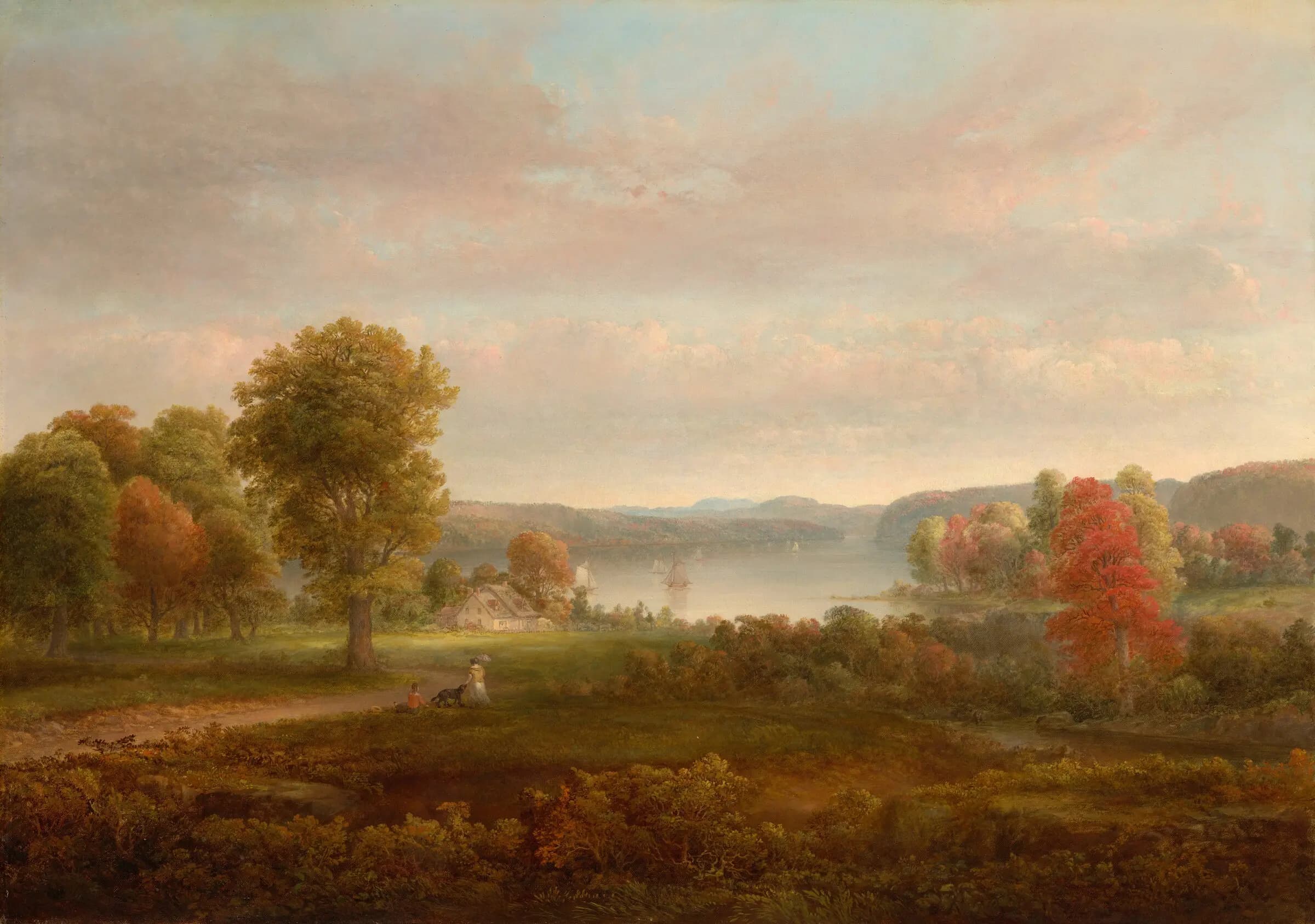 Doughty’s autumn landscape, with two people and a dog in the foreground, wooded hills, and sailboats beneath a pale sky.