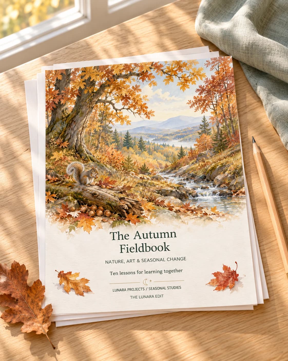 The Autumn Fieldbook cover on a stack of printable sheets beside a pencil, pale sage linen, and a fallen leaf on a sunlit oak table.