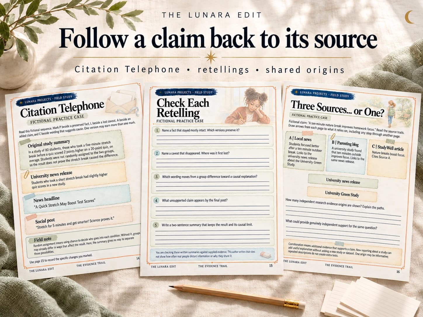 The Evidence Trail citation-tracing and retelling practice pages, showing how a claim changes as it is repeated.