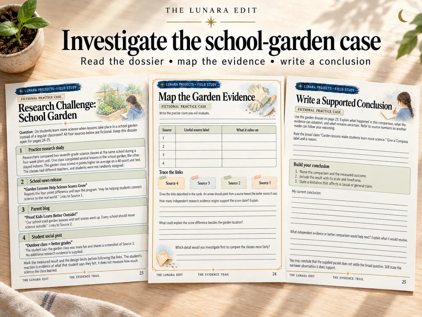 The Evidence Trail school-garden fictional case with source cards and evidence-comparison activities.
