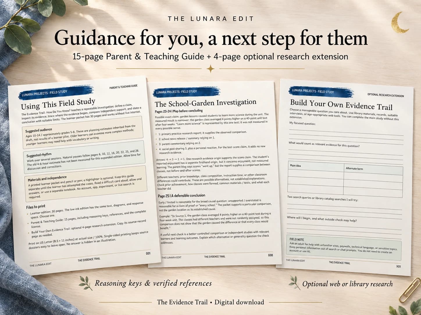 The Evidence Trail parent-guide preview with reasoning keys, references and optional investigation guidance.