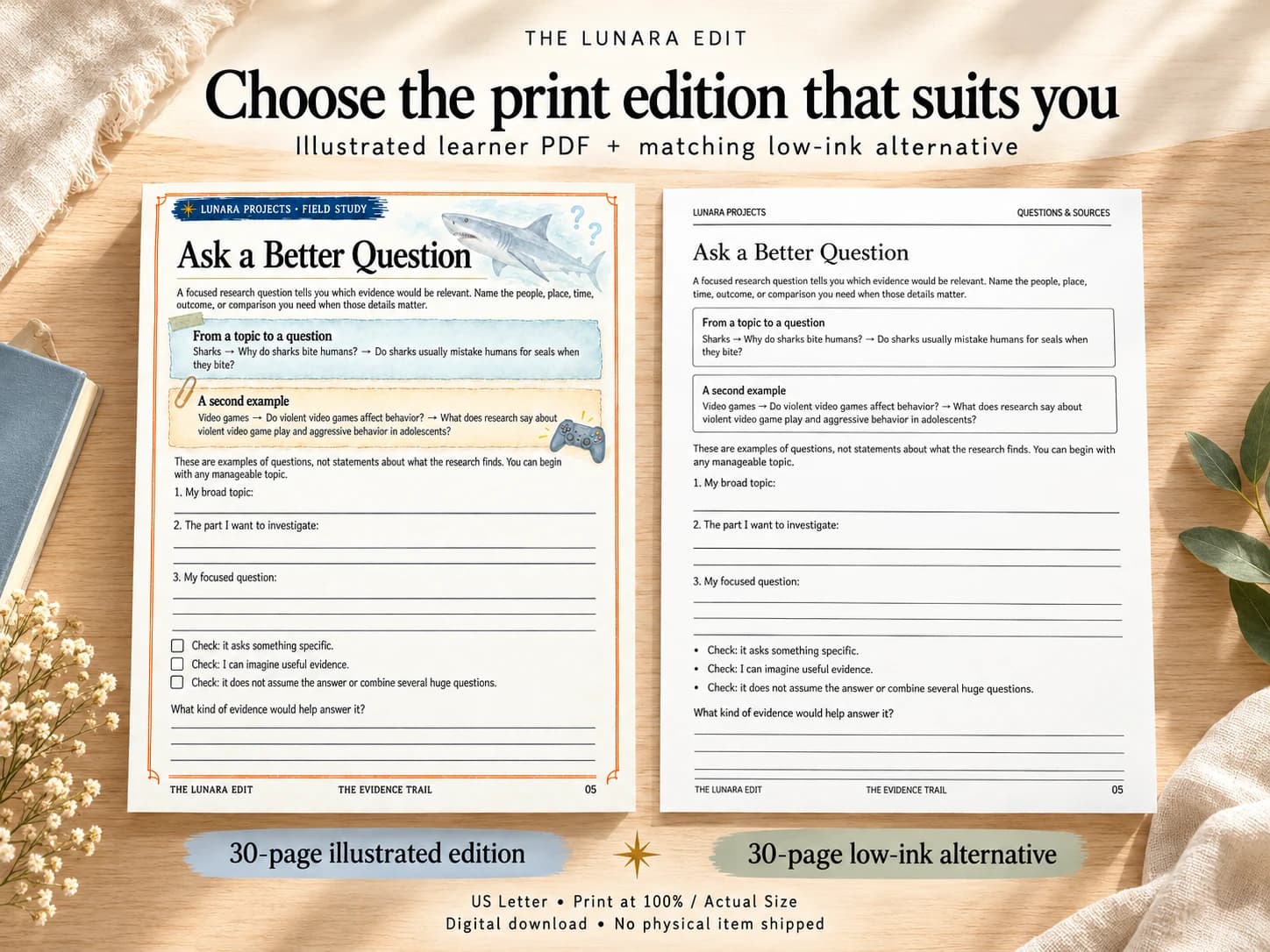 The Evidence Trail printing and download details: two static US Letter PDFs, 45 pages including covers and one household or group up to 30 learners.