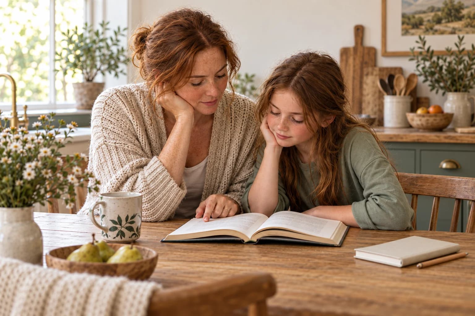 An auburn-haired mother and her older child read an open book together at an oak kitchen table.