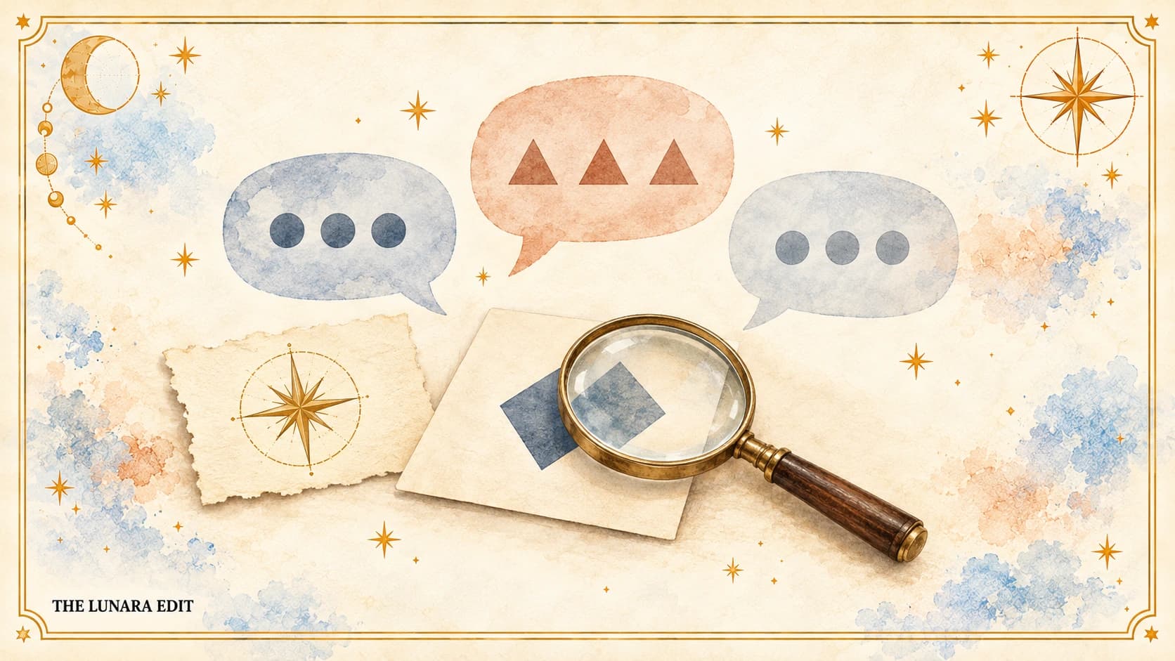 Muted watercolor speech bubbles containing circles and triangles beside a compass, note and magnifying glass.