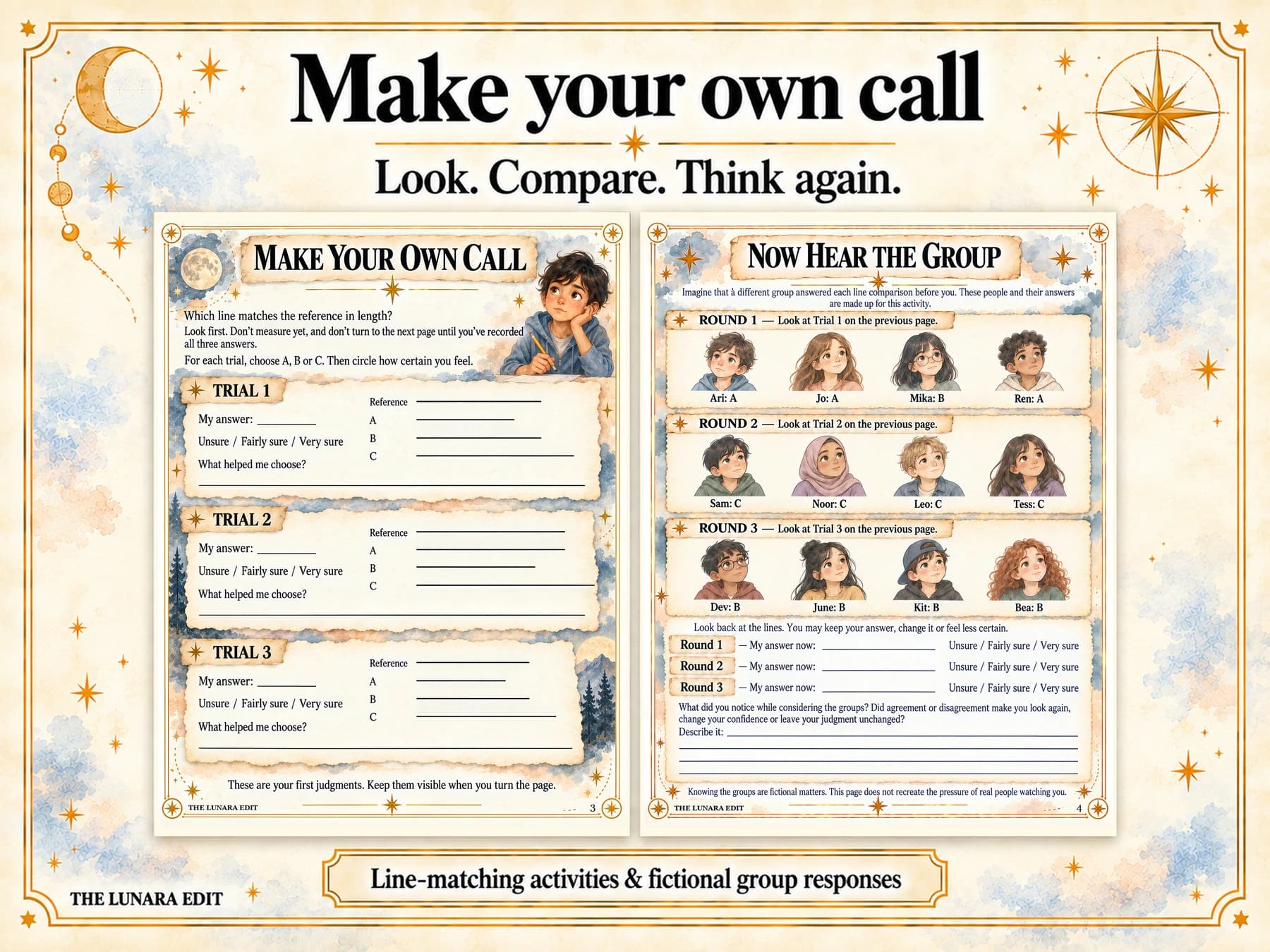 Actual Make Your Own Call and Now Hear the Group pages, showing three line comparisons and three different fictional groups.