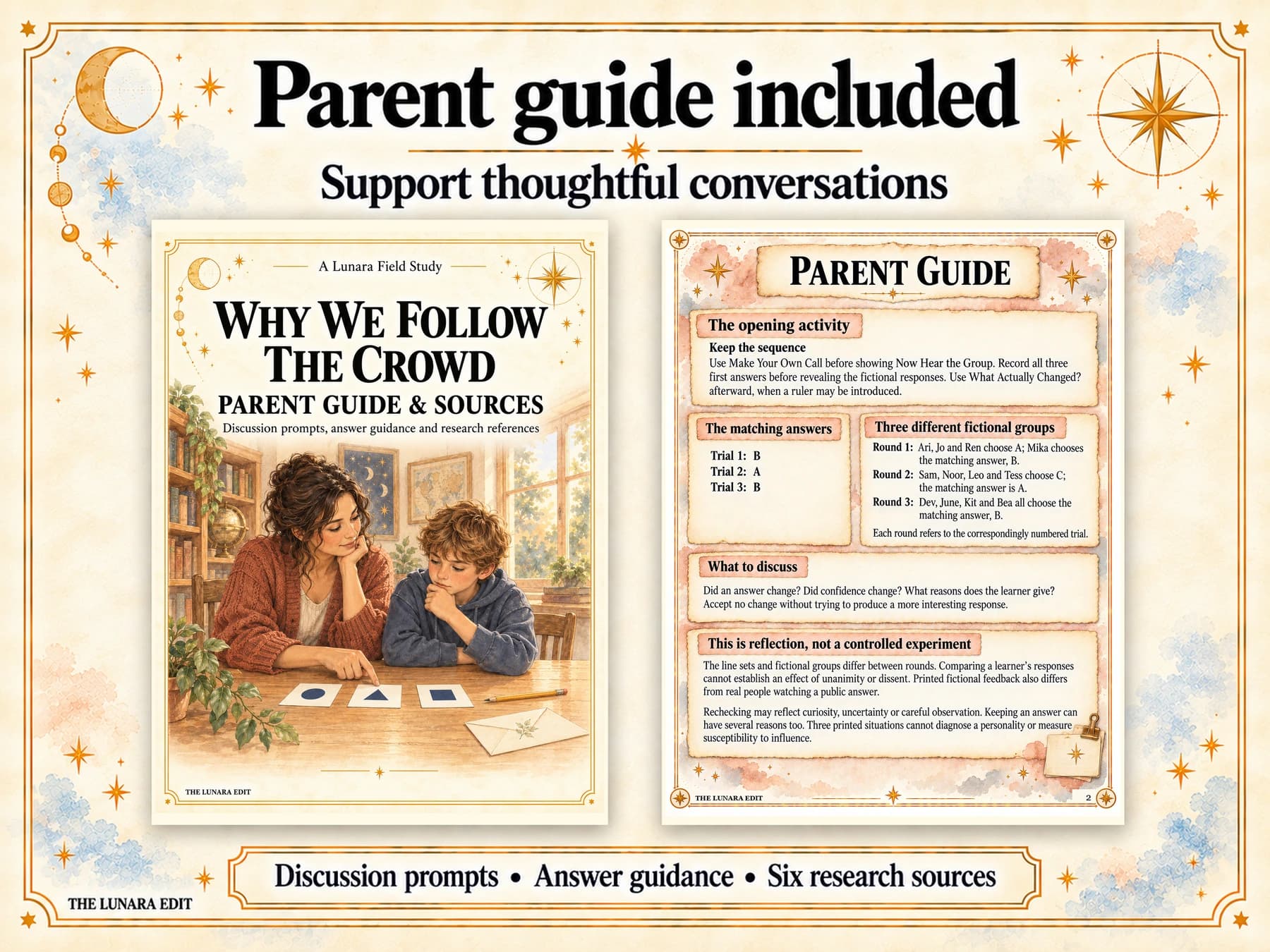 Actual parent guide cover and opening guidance page with matching answers, fictional group details and discussion support.