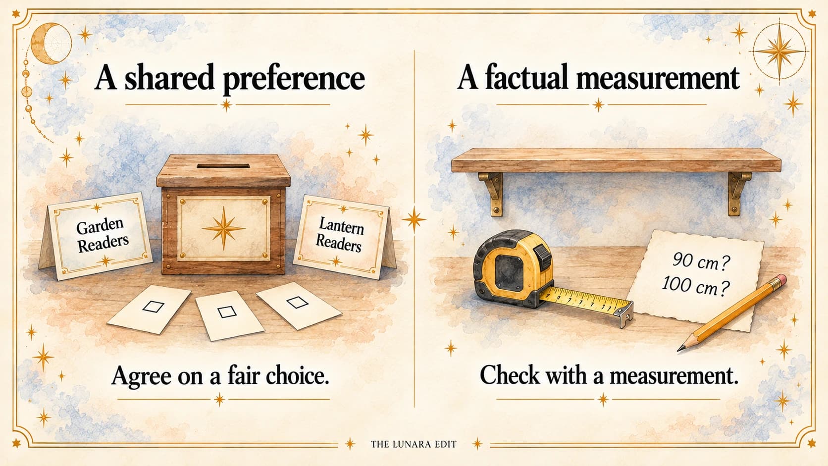 A ballot box beside Garden Readers and Lantern Readers name cards contrasts a shared preference with a shelf, measuring tape and 90 or 100 centimeter guesses.