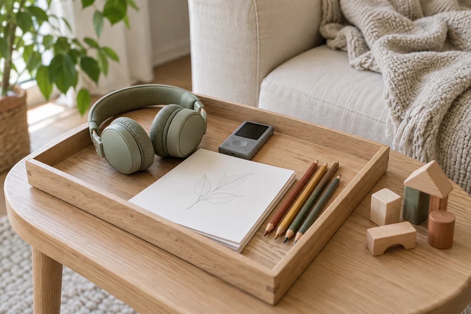 A wooden tray holds sage headphones, an audio player, drawing paper, and pencils beside a cream sofa, with wooden blocks nearby.