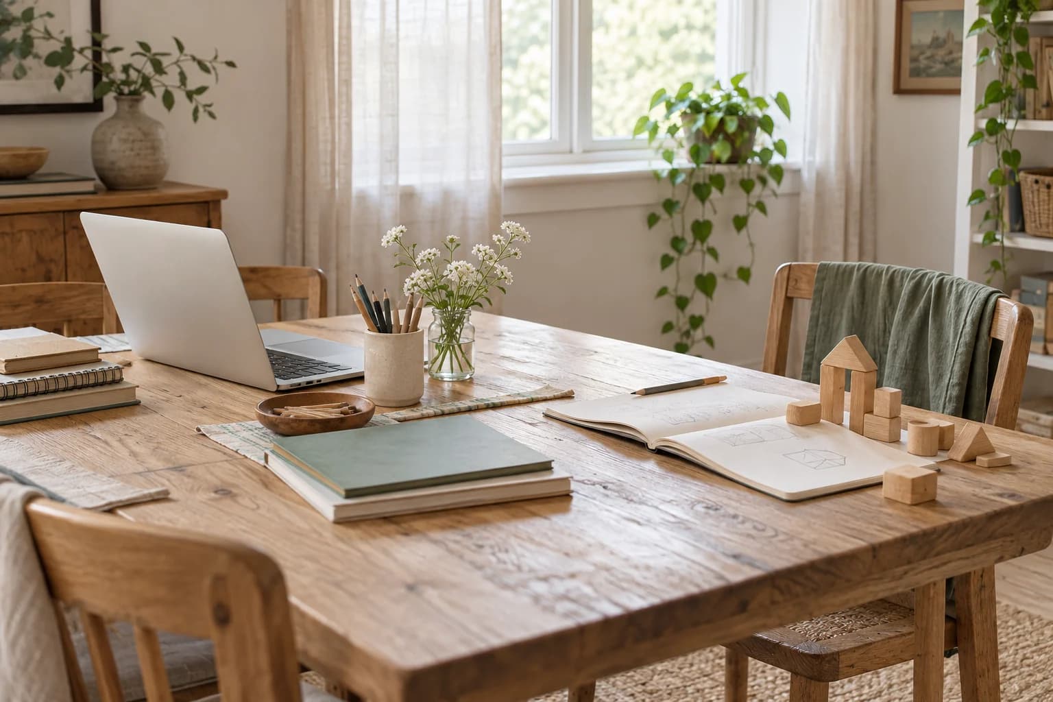 An open laptop shares an oak table with a drawing notebook and wooden blocks in a bright home with cream curtains and sage textiles.