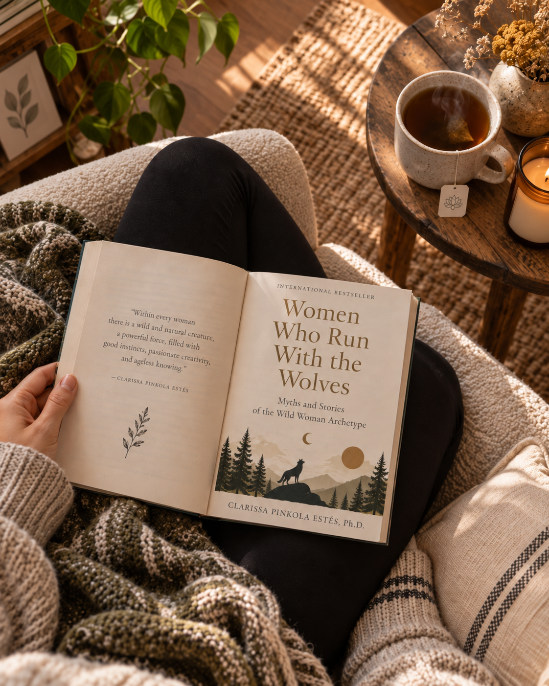 Women Who Run With the Wolves open across curled-up legs beside hot tea in a cozy chair
