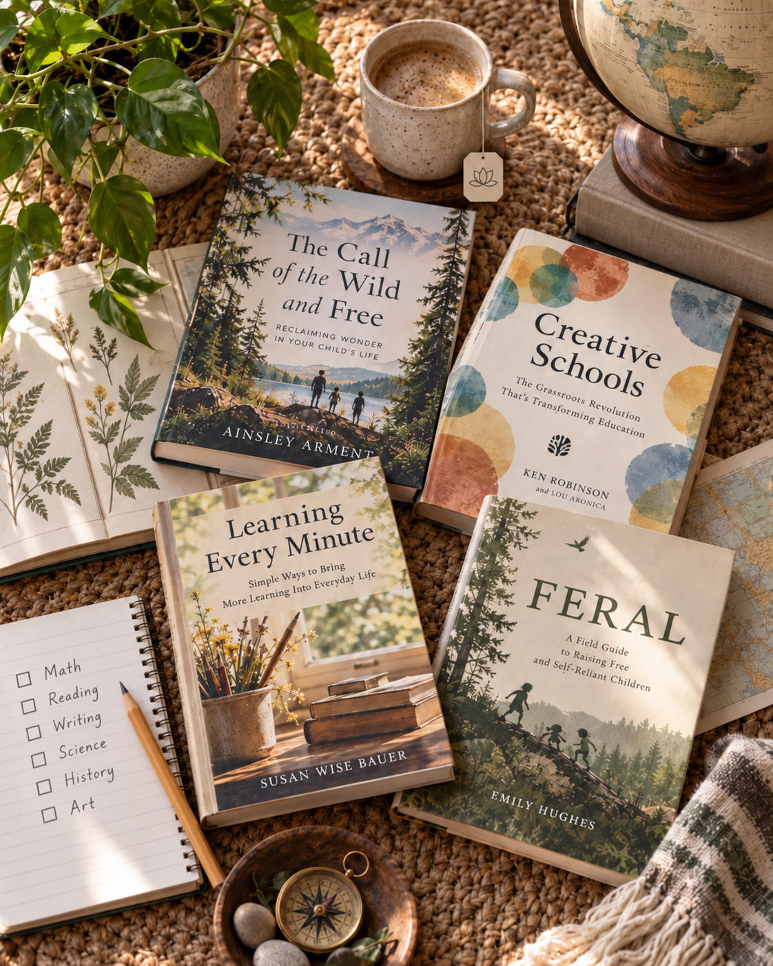 A top-down spread of books about learning and childhood beside a globe, notebook, and warm drink