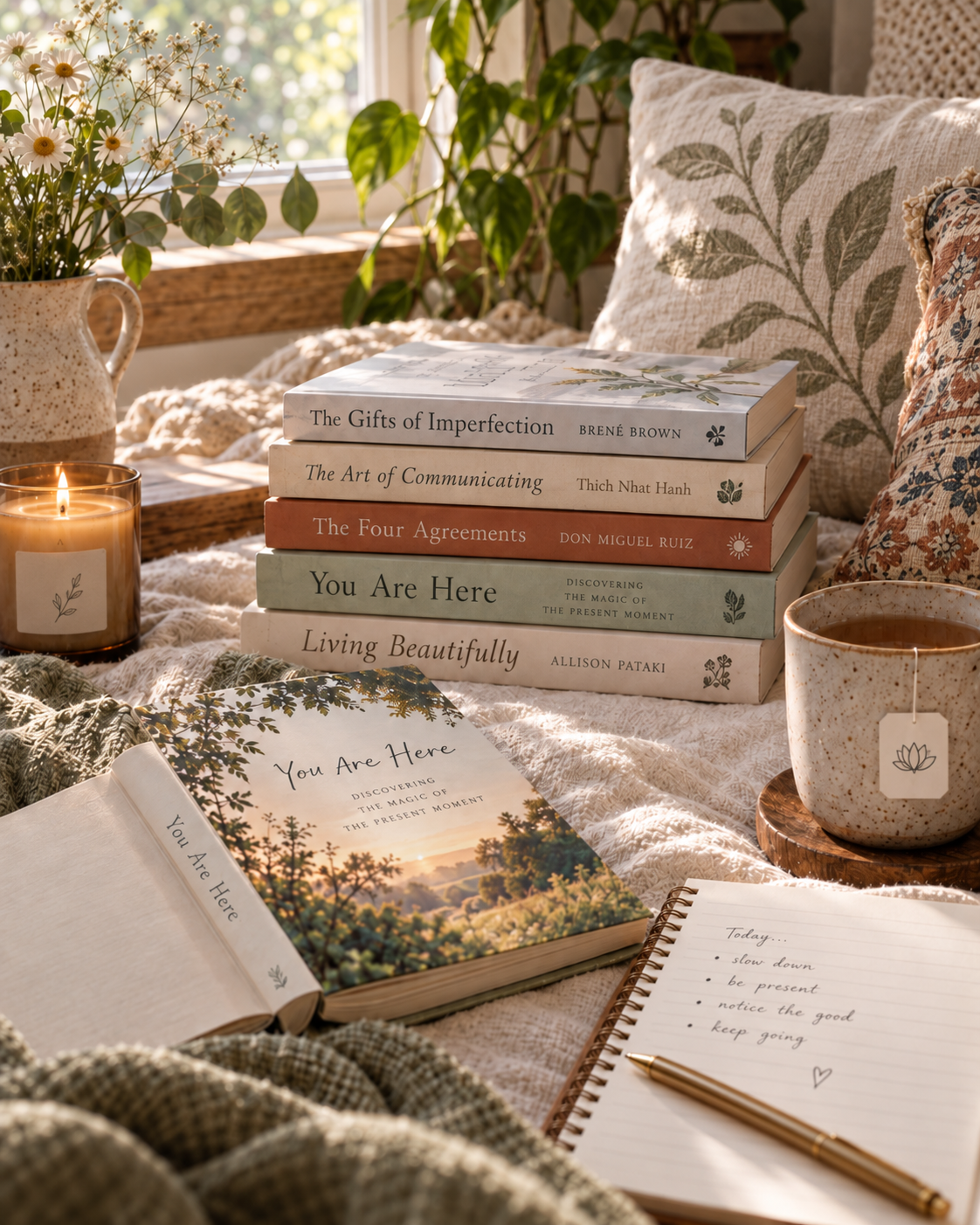 A warm reading nook with personal-growth books, tea, soft textiles, and botanical details