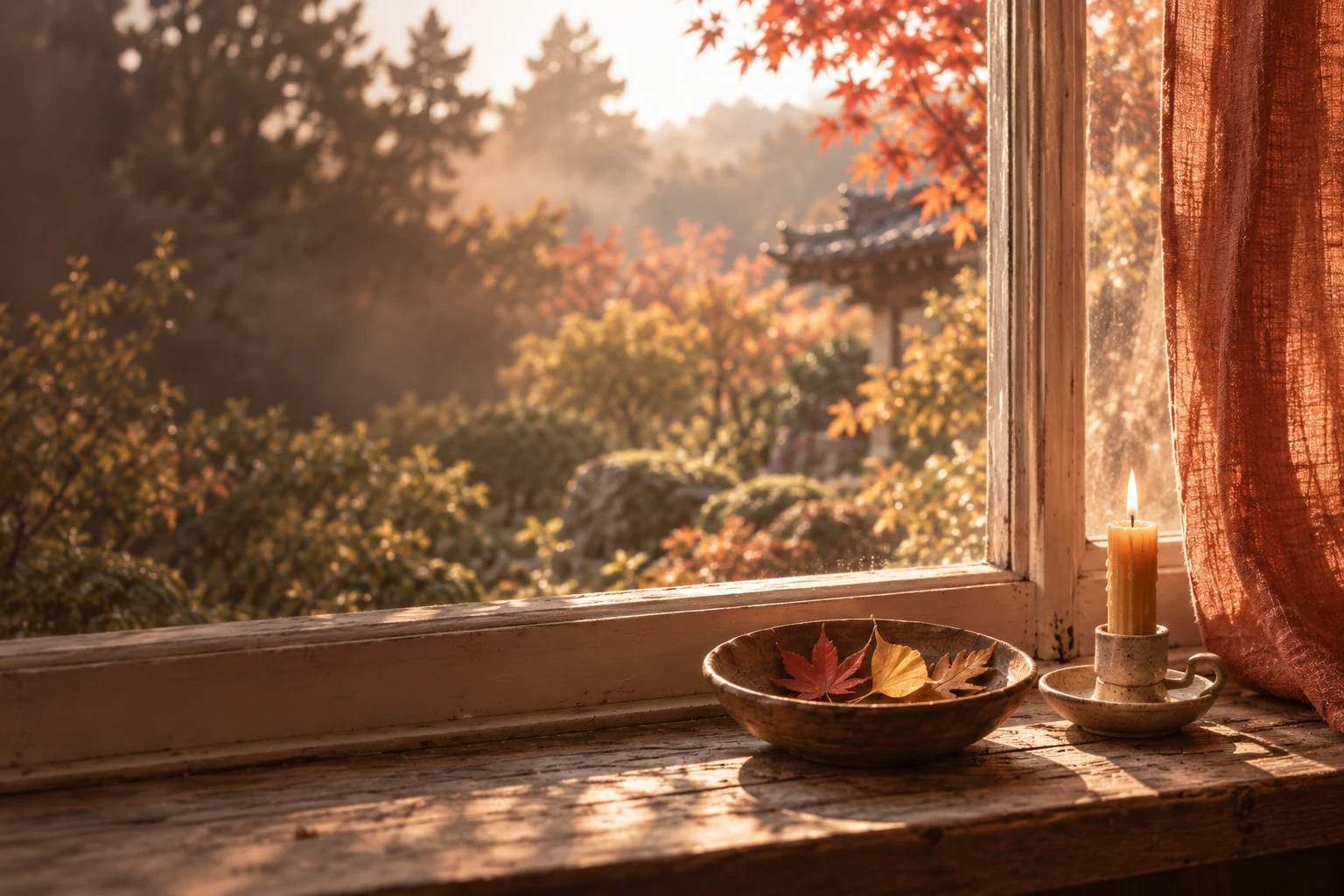 A small beeswax candle and a bowl of autumn leaves on a softly lit windowsill.