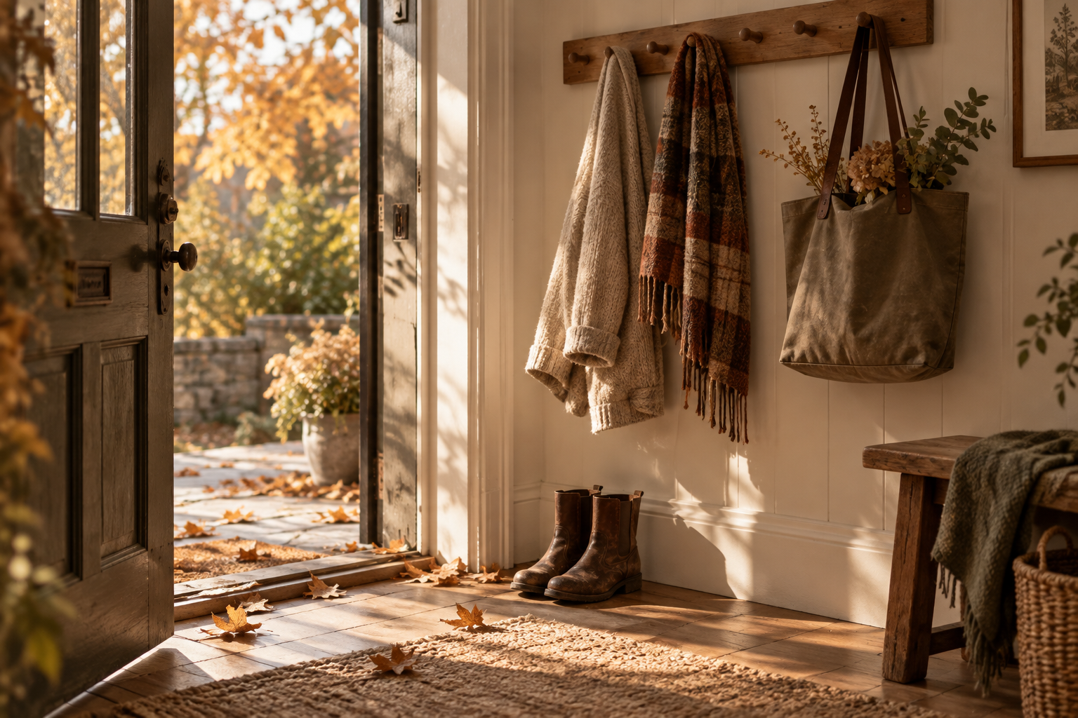 An autumn entryway with a sweater, scarf, tote bag, boots, and an open door with golden leaves outside.