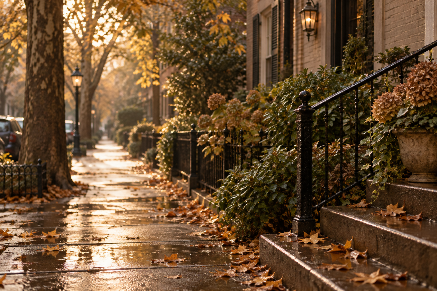 A quiet autumn sidewalk after rain, with scattered leaves and warm late-day light.