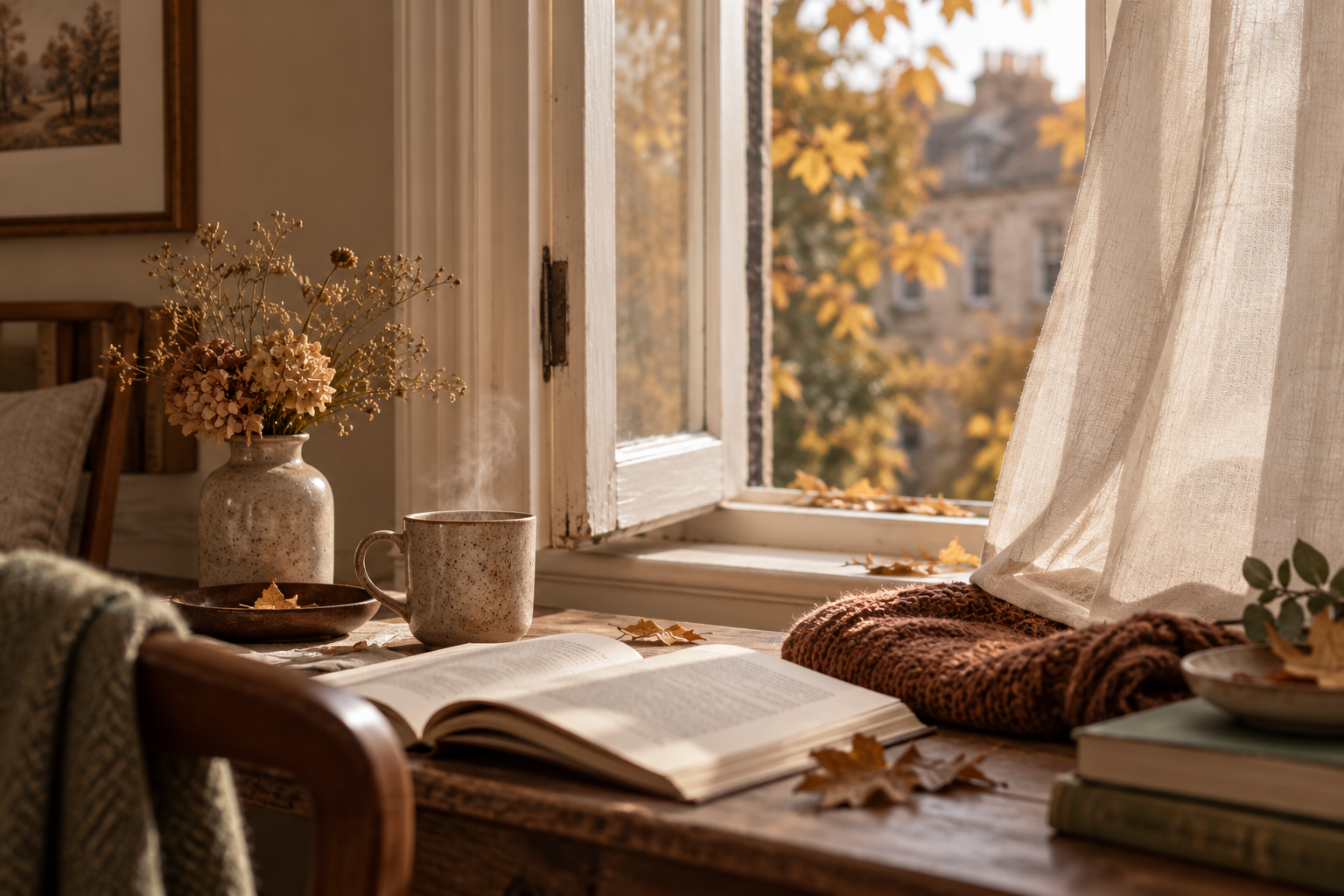 A cozy autumn reading nook by an open window with a steaming mug, books, and soft golden leaves outside.