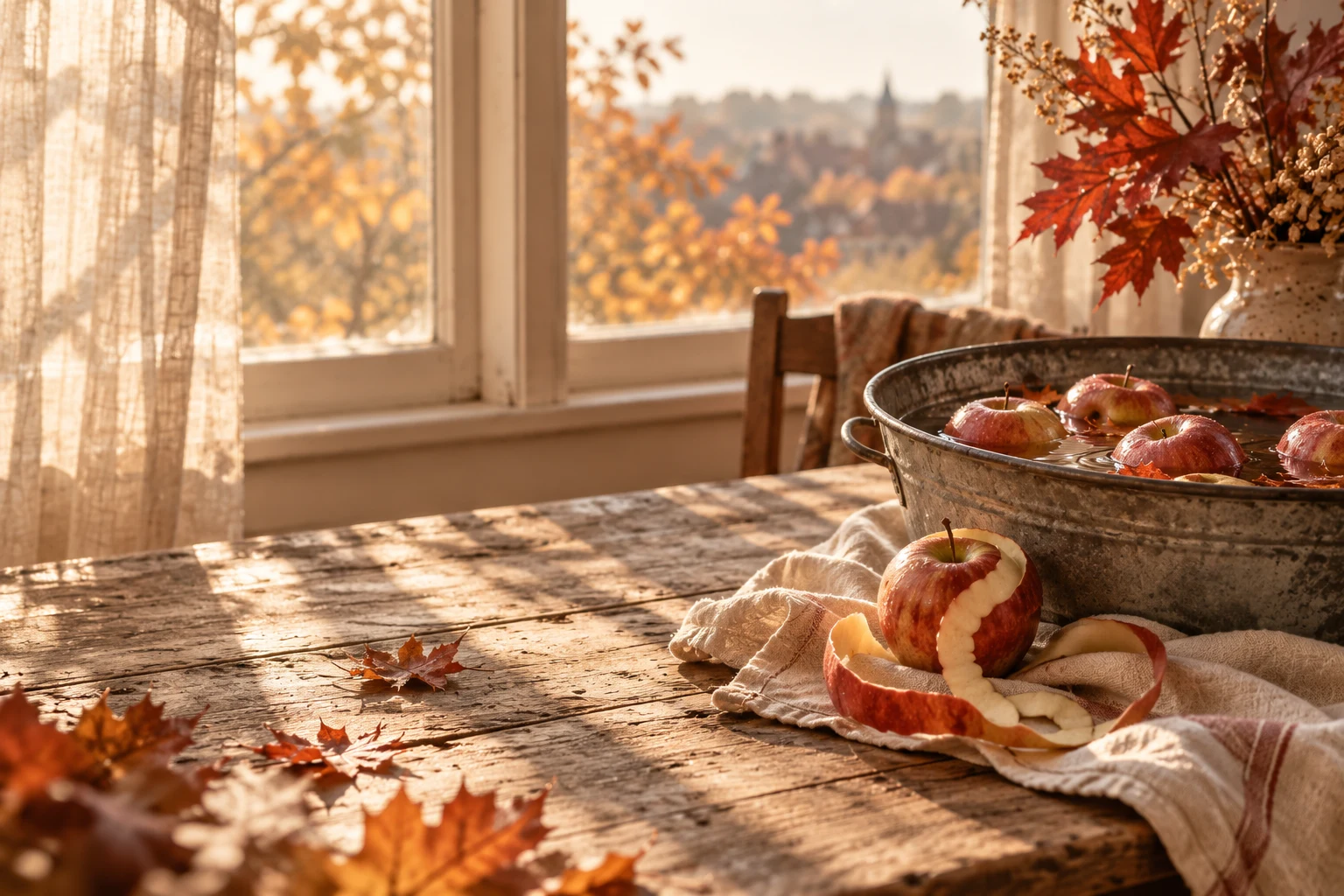Red and russet apples floating in a small metal tub beside an apple with a spiral peel on an old oak table.