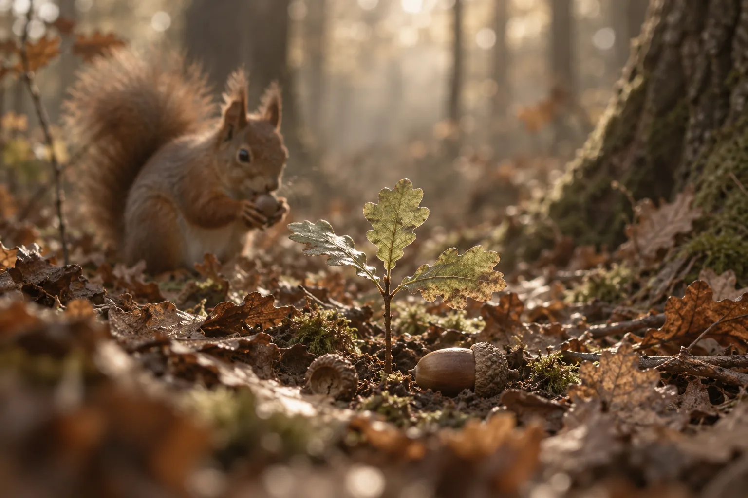 A young oak seedling emerging from autumn leaf litter beside acorns on the forest floor.