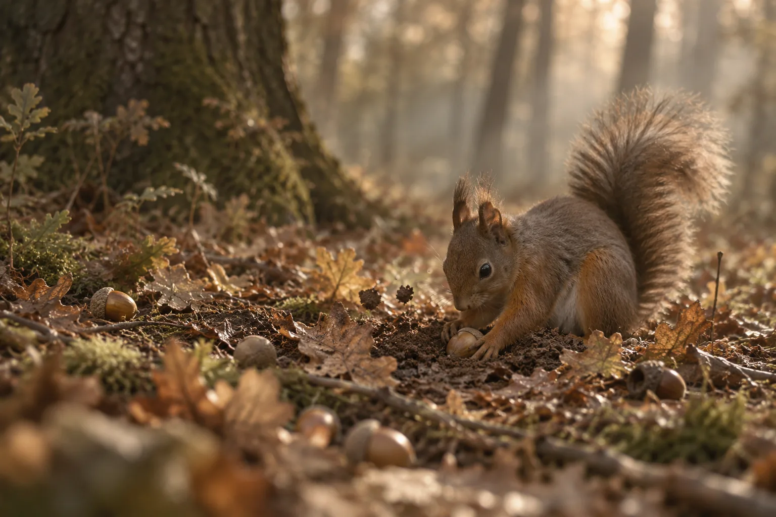 A red squirrel burying an acorn in soft autumn woodland soil among fallen oak leaves.