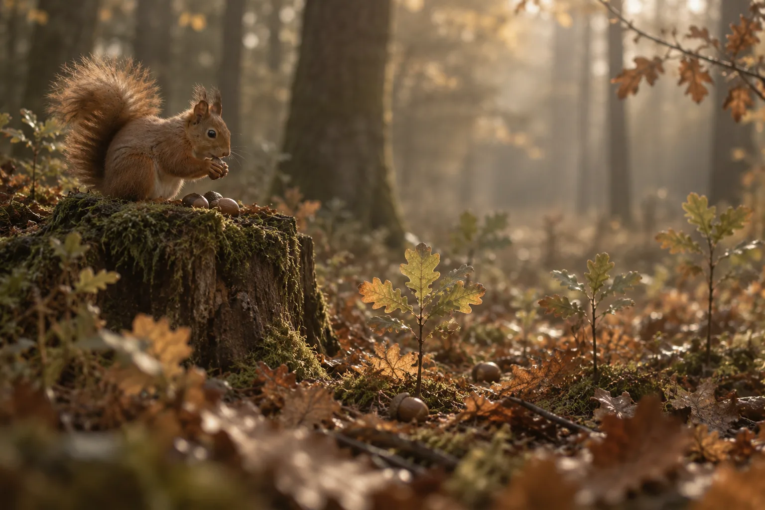 A red squirrel with acorns on a mossy stump in a softly lit autumn oak woodland.