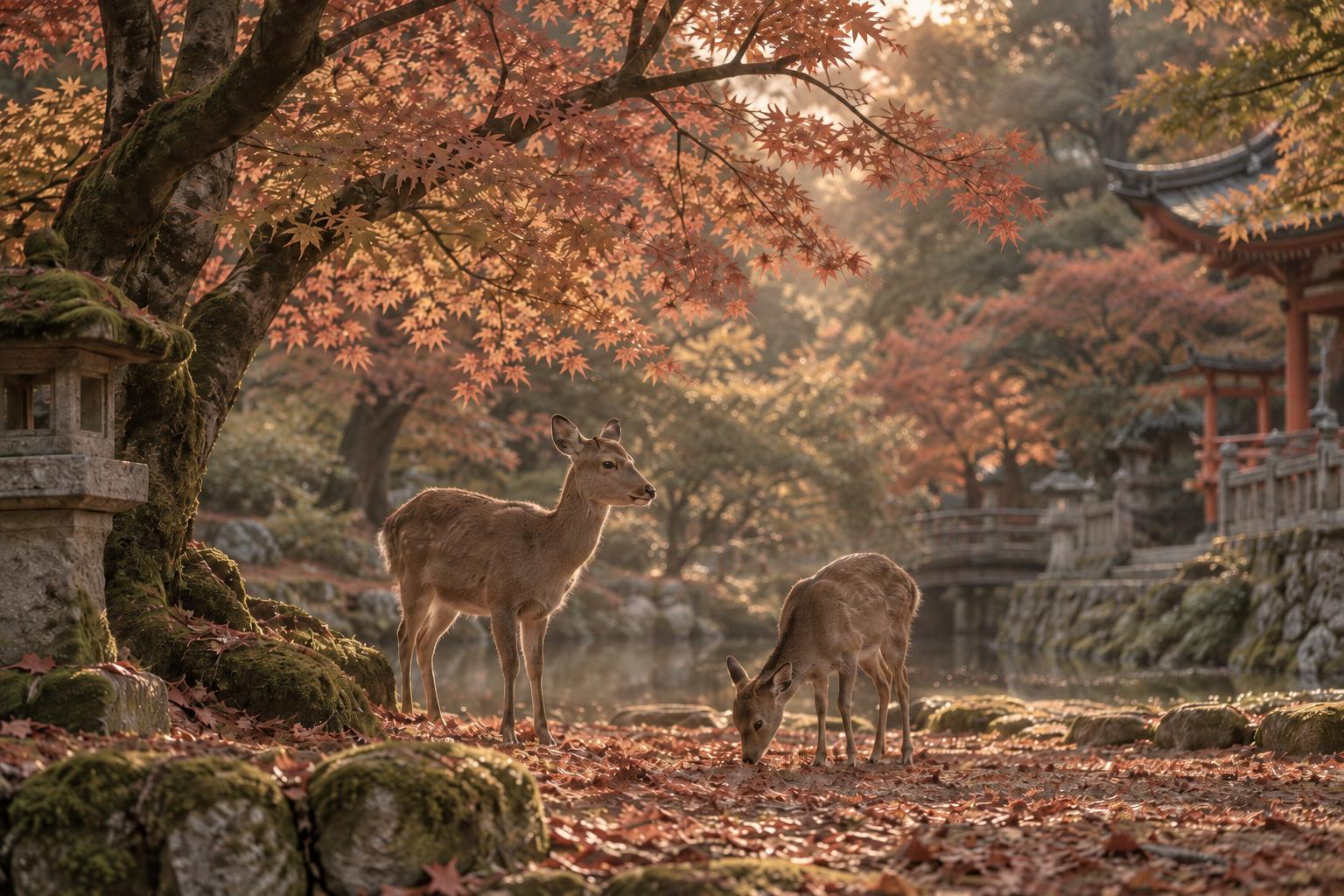 Two deer beneath muted red Japanese maples near a temple garden in autumn.