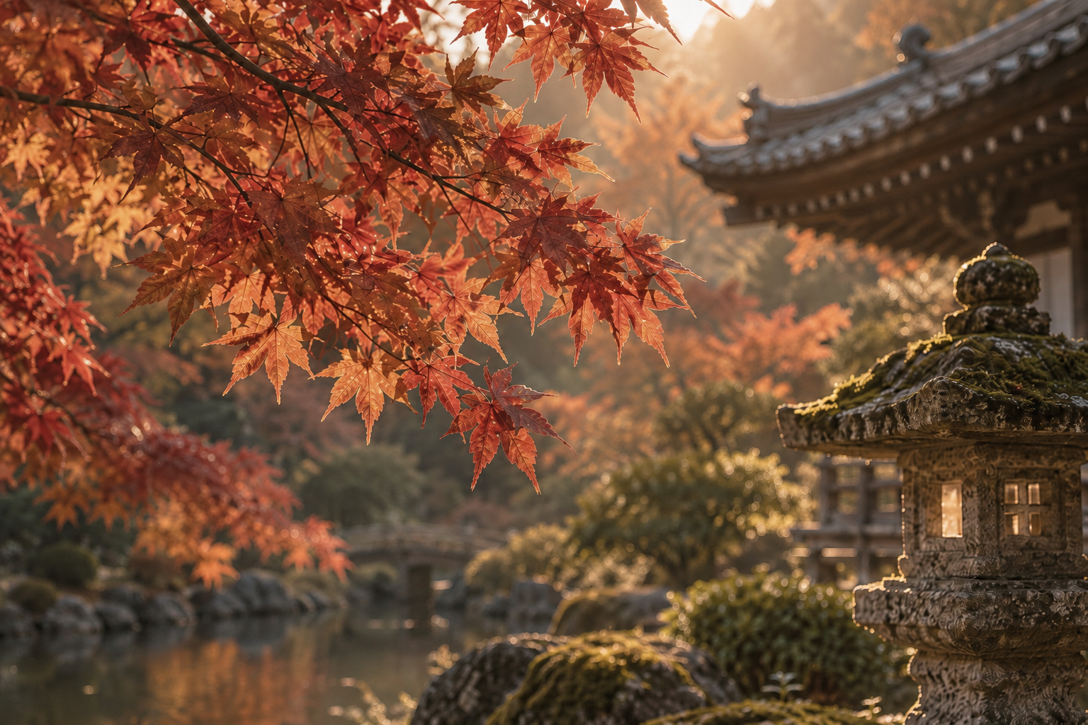 Muted red maple leaves beside a mossy stone lantern and temple garden in warm autumn light.