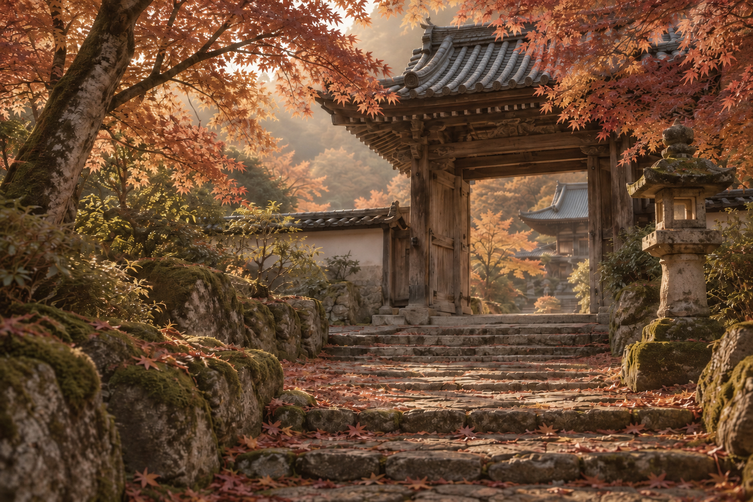 A stone path passing through a traditional Japanese temple gate beneath muted autumn maple leaves.